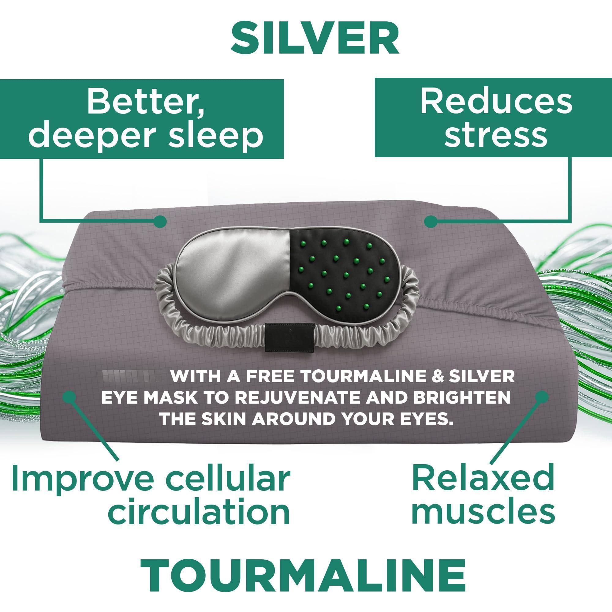 Sure, here is the corrected and grouped text from the image:

---

**SILVER**

- Better, deeper sleep
- Reduces stress

**TOURMALINE**

- Improve cellular circulation
- Relaxed muscles

WITH A FREE TOURMALINE & SILVER EYE MASK TO REJUVENATE AND BRIGHTEN THE SKIN AROUND YOUR EYES.

---