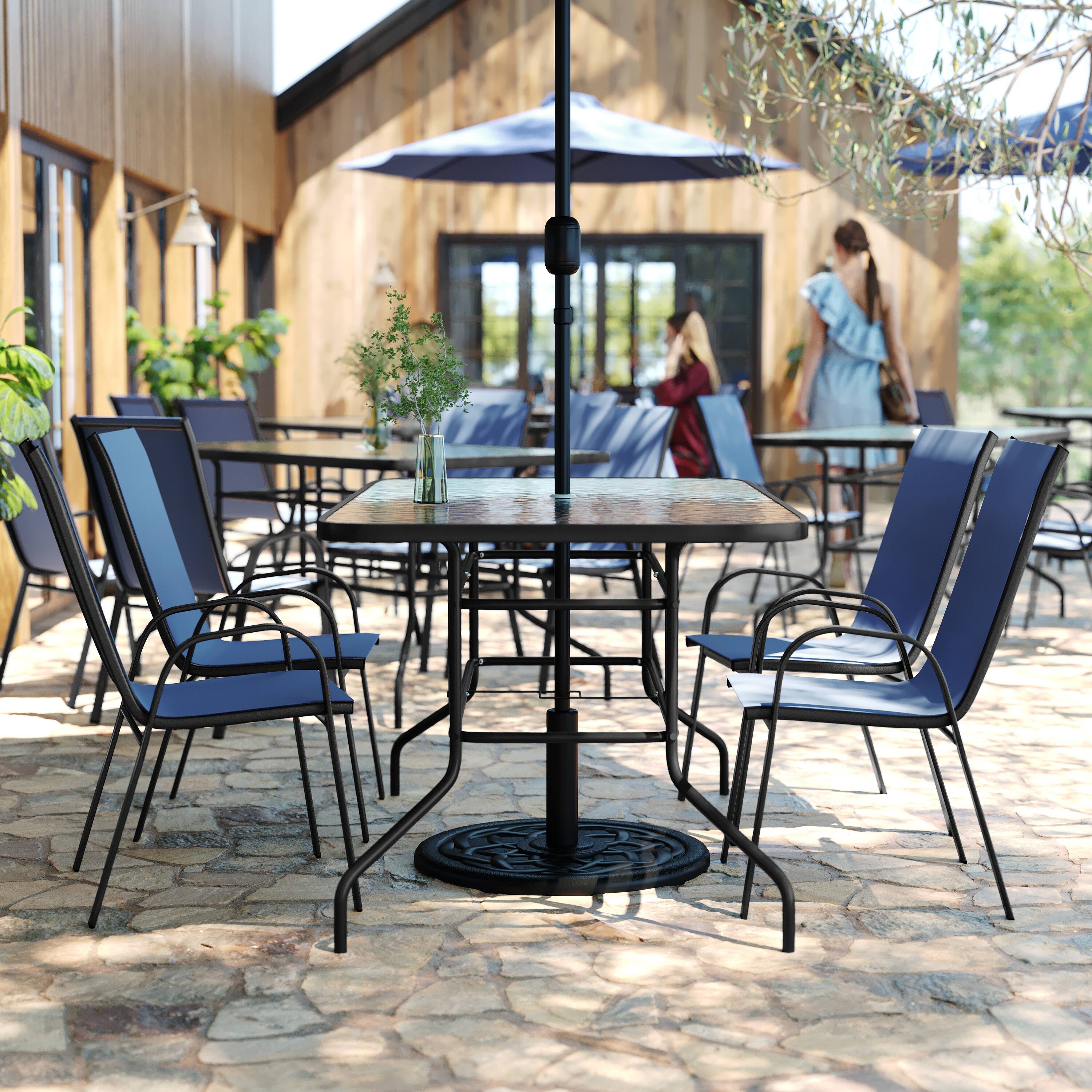 Alt View 2. Flash Furniture - Brazos 5 Piece Outdoor Patio Dining Set - 55" Tempered Glass Patio Table with Umbrella Hole, 4 Navy Flex Comfort Stack C - Blue.