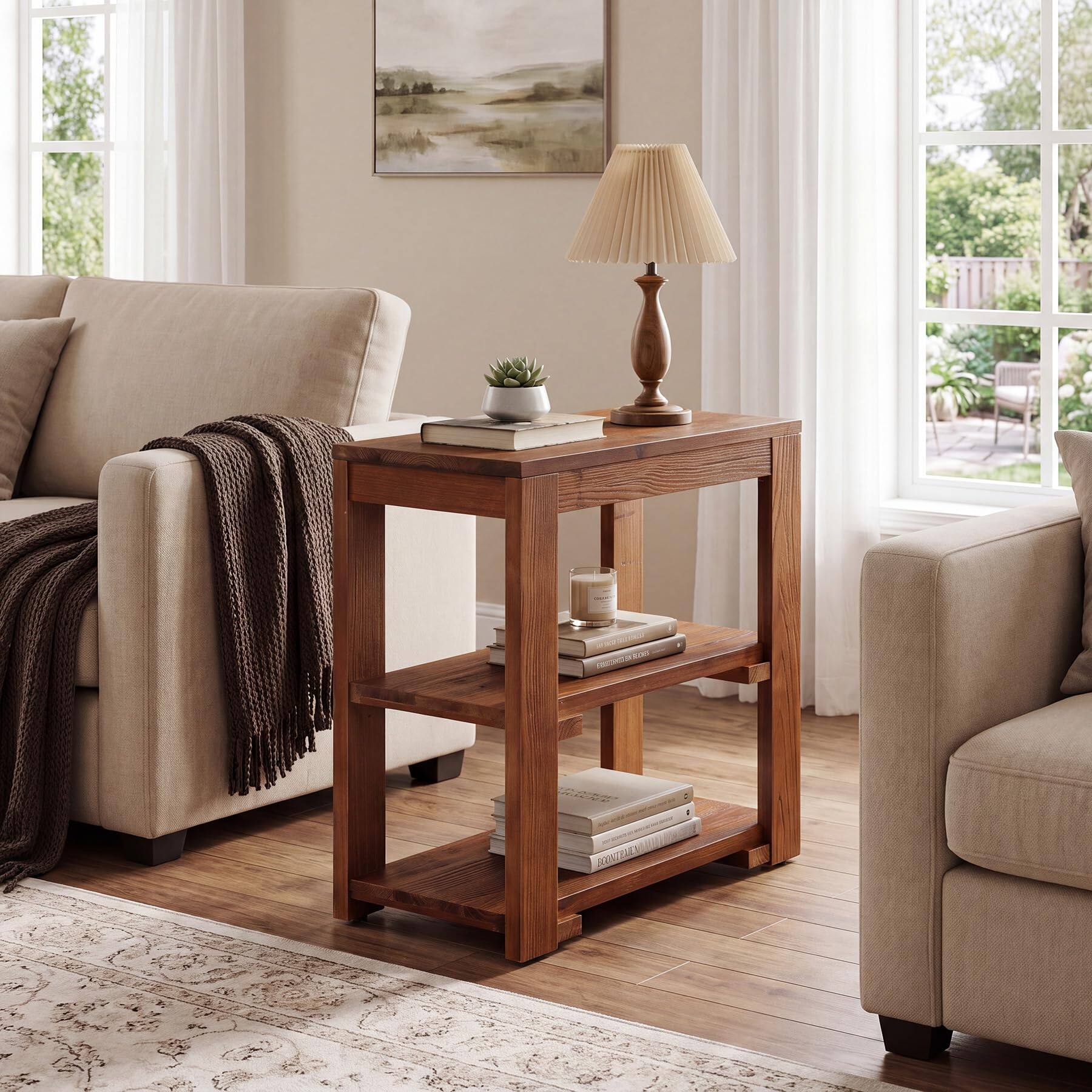 Back. Tribesigns - Solid Wood Side Table, 3-Tier End Table with Storage, Rectangle Farmhouse Night Stand for Small Spaces, Living Room, Bed - Brown.