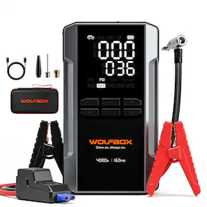 WOLFBOX - 4000A Jump Starter with 160PSI Air Compressor, 88.8Wh Portable Tire Inflator for 10L Gas & Diesel Engines, LED Light