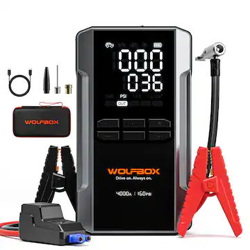 4000A Jump Starter with 160PSI Air Compressor, 88.8Wh Portable Tire Inflator for 10L Gas & Diesel Engines, LED Light