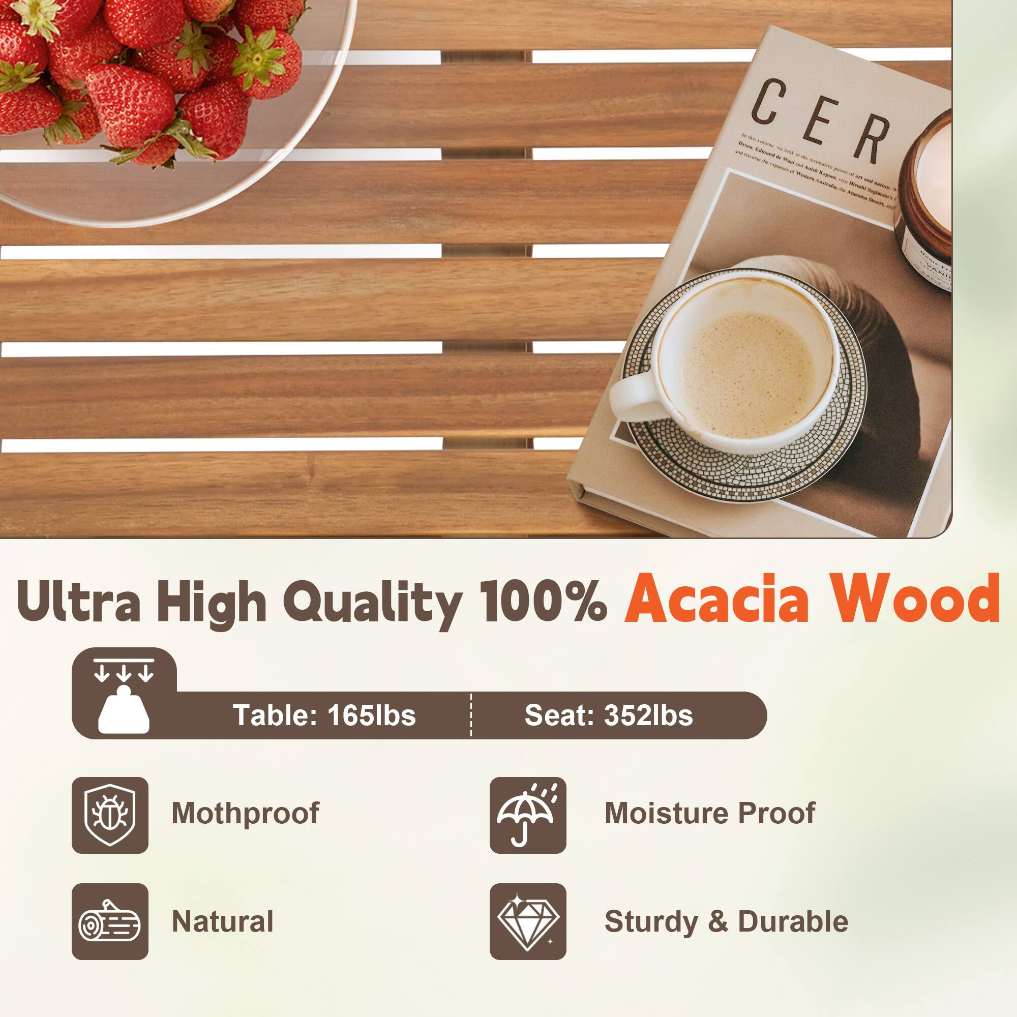 Ultra High Quality 100% Acacia Wood

Table: 165lbs  
Seat: 352lbs

- Mothproof
- Moisture Proof
- Natural
- Sturdy & Durable