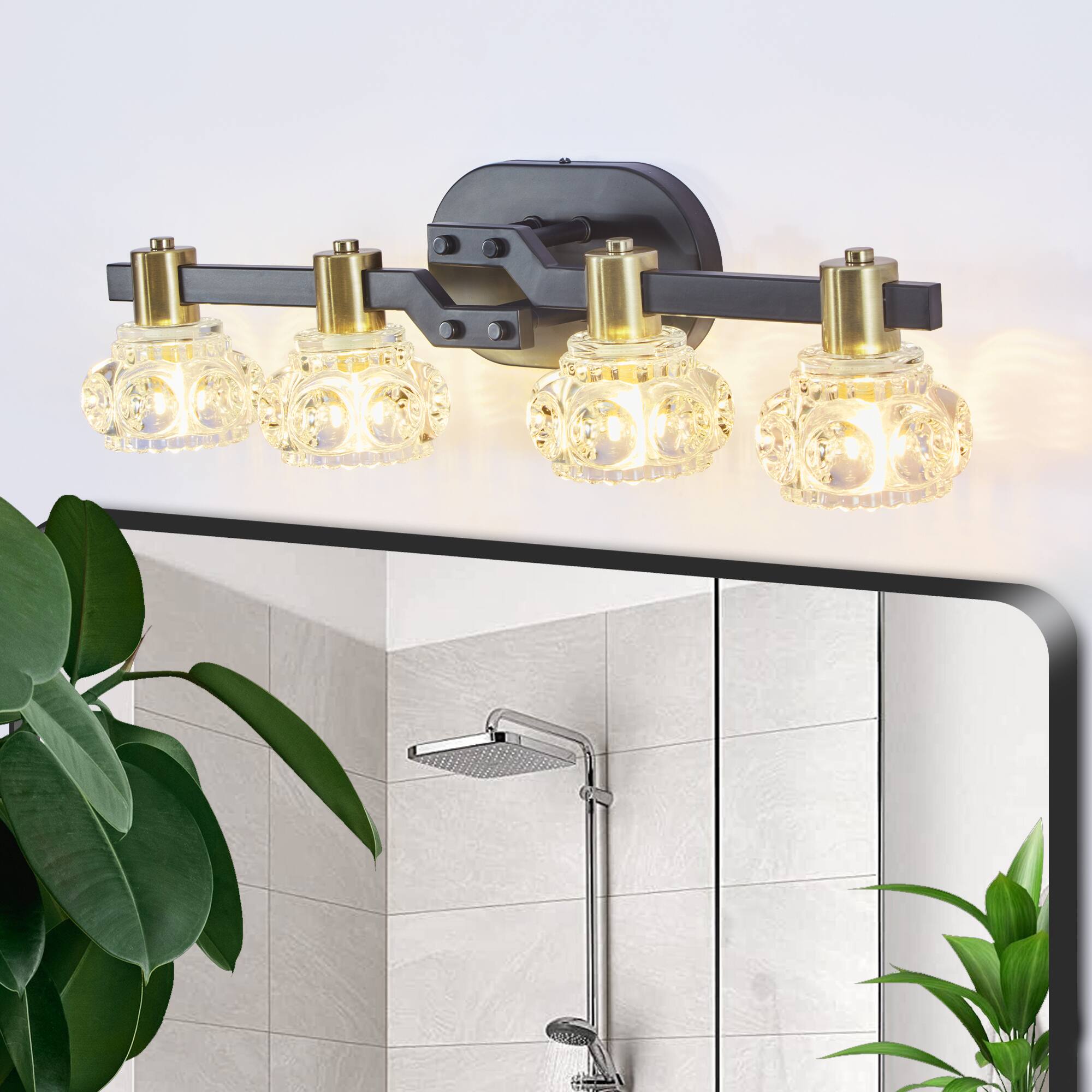 Front. Akoasm - 24in. Vintage 4-Light Wall Sconce with Clear Crystal Shades, Matte Black & Gold Finish for Bathroom Vanity Lighting.