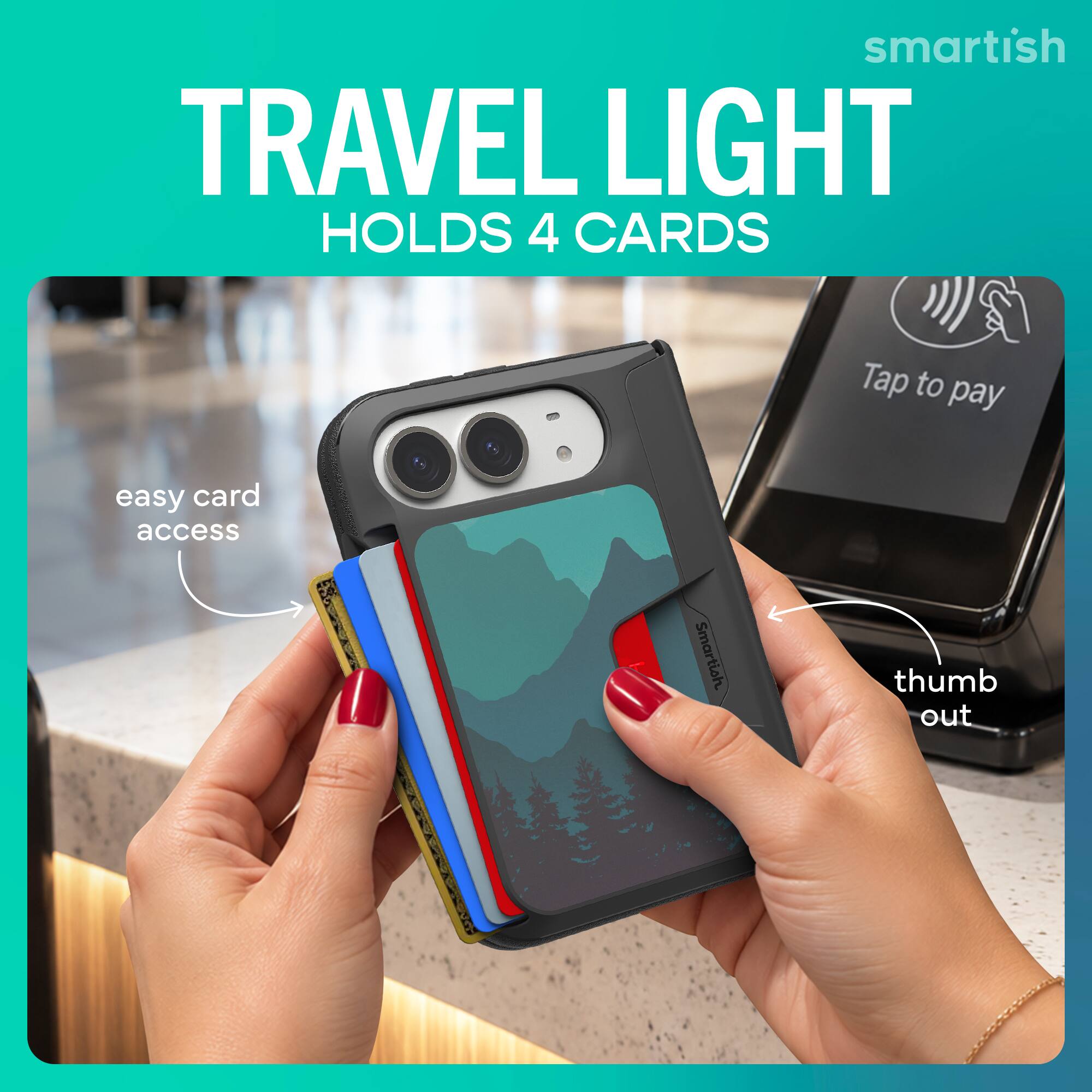 smartish TRAVEL LIGHT HOLDS 4 CARDS

Tap to pay

easy card access

Smartish

thumb out