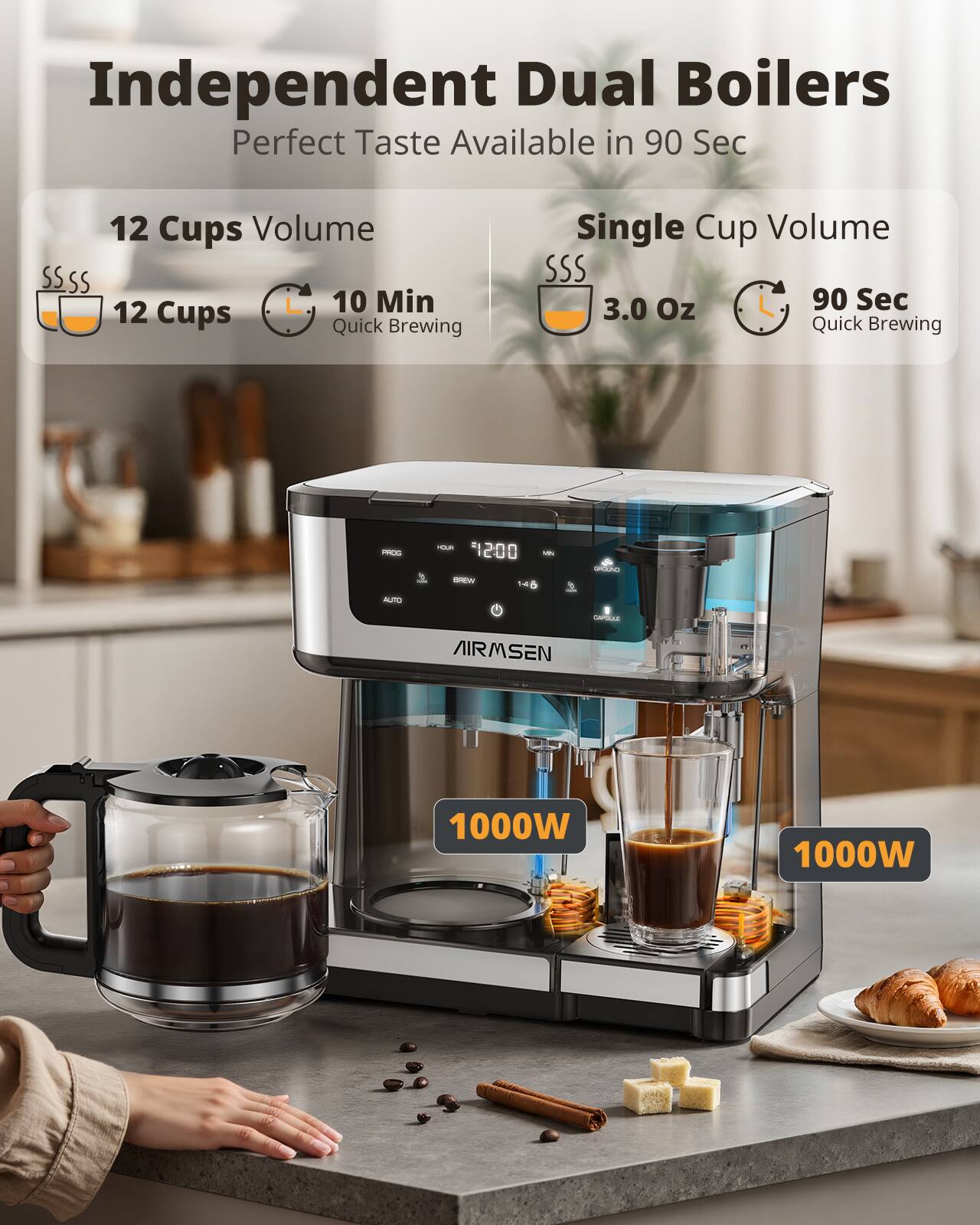 Independent Dual Boilers  
Perfect Taste Available in 90 Sec  

12 Cups Volume  
12 Cups  
10 Min Quick Brewing  

Single Cup Volume  
3.0 Oz  
90 Sec Quick Brewing  

1000W  
1000W