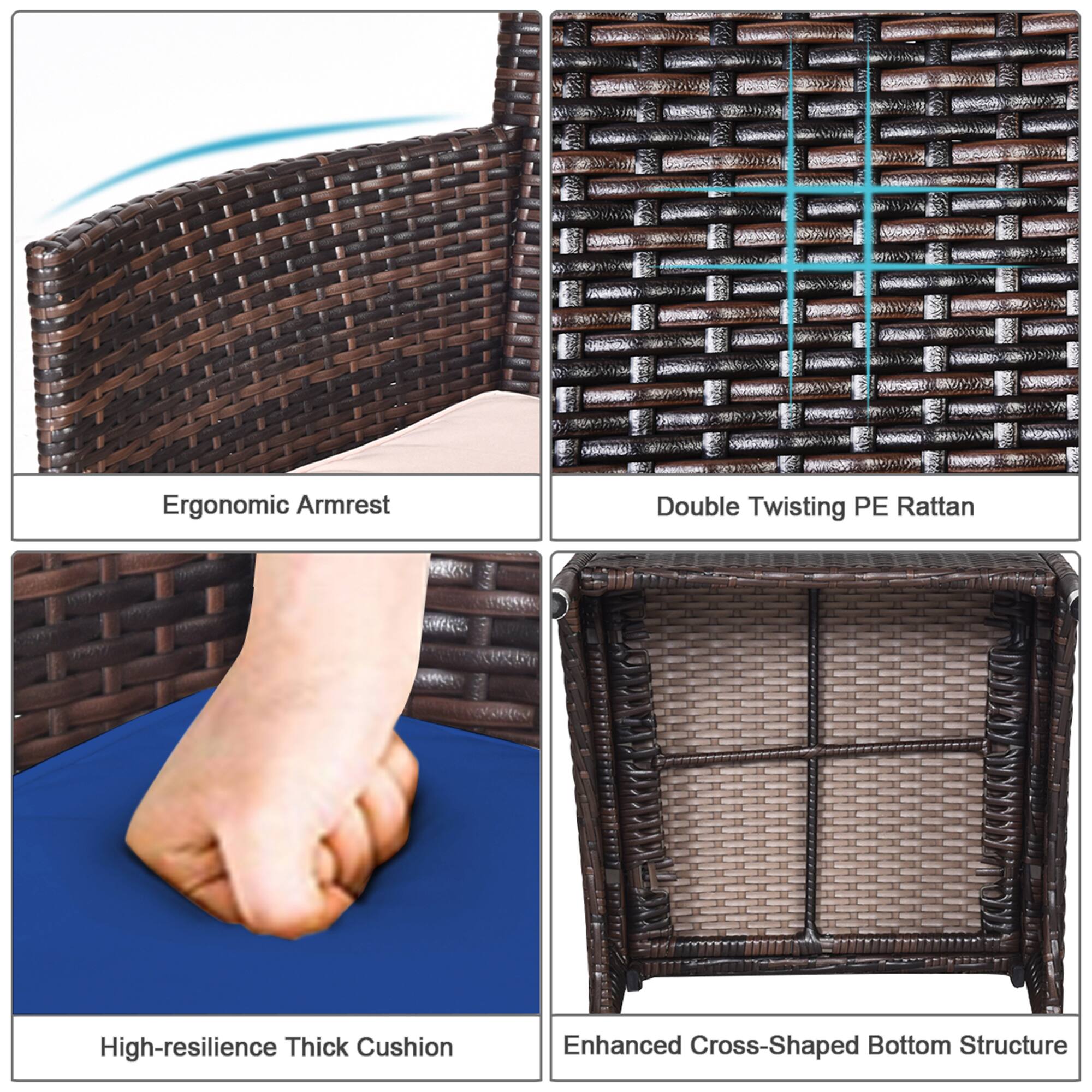 Ergonomic Armrest, Double Twisting PE Rattan, High-resilience Thick Cushion, Enhanced Cross-Shaped Bottom Structure