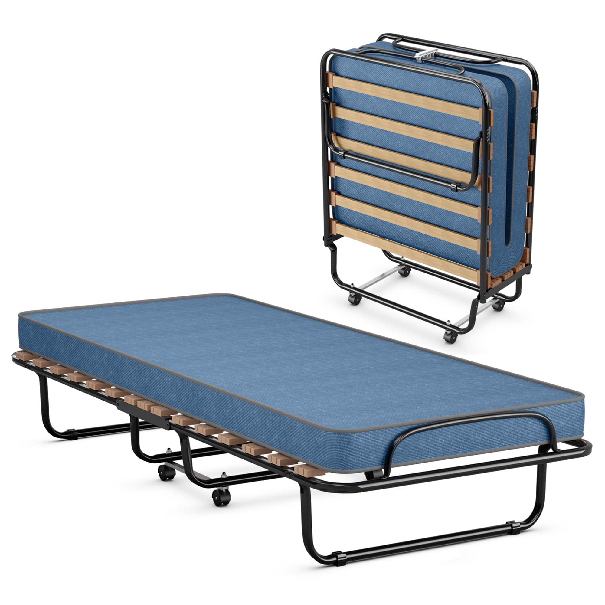 Front. Gymax - Gymax Folding Bed Rollaway Metal Guest Bed Sleeper Made in Italy w/ Memory Foam Mattress Navy - Navy.