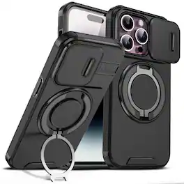 UUCOVER - For Apple iPhone 14 Pro Magnetic Kickstand Case with Slide Camera Lens Cover & 360° Ring - Drop Protection Phone Shell - Black