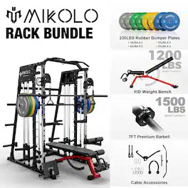 Mikolo - Smith Machine, 2200 lbs Power Rack Cage, Power Rack with 800LB Capacity Weight Bench and 230 lbs Weight Plate - Black