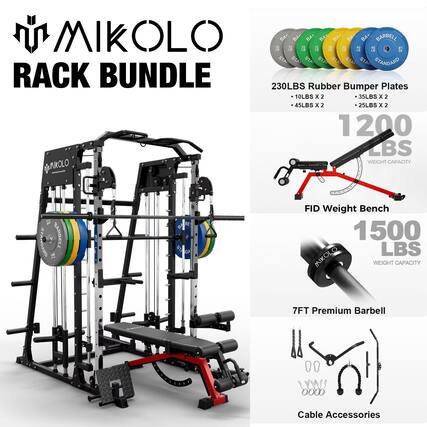 MIKOLLO RACK BUNDLE
- 230LBS Rubber Bumper Plates
- 10LBS x 2
- 35LBS x 2
- 45LBS x 2
- 25LBS x 2
- 1200 LBS WEIGHT CAPACITY
- FID Weight Bench
- 1500 LBS WEIGHT CAPACITY
- 7FT Premium Barbell
- Cable Accessories