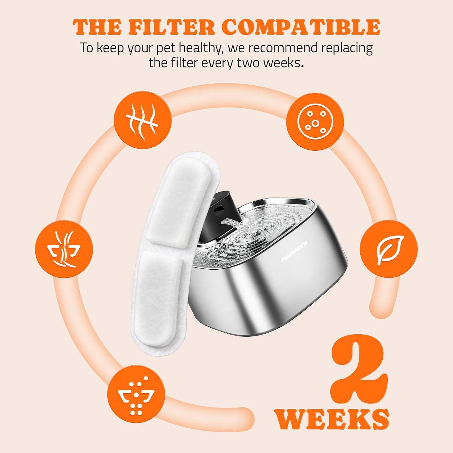 THE FILTER COMPATIBLE

To keep your pet healthy, we recommend replacing the filter every two weeks.

2 WEEKS