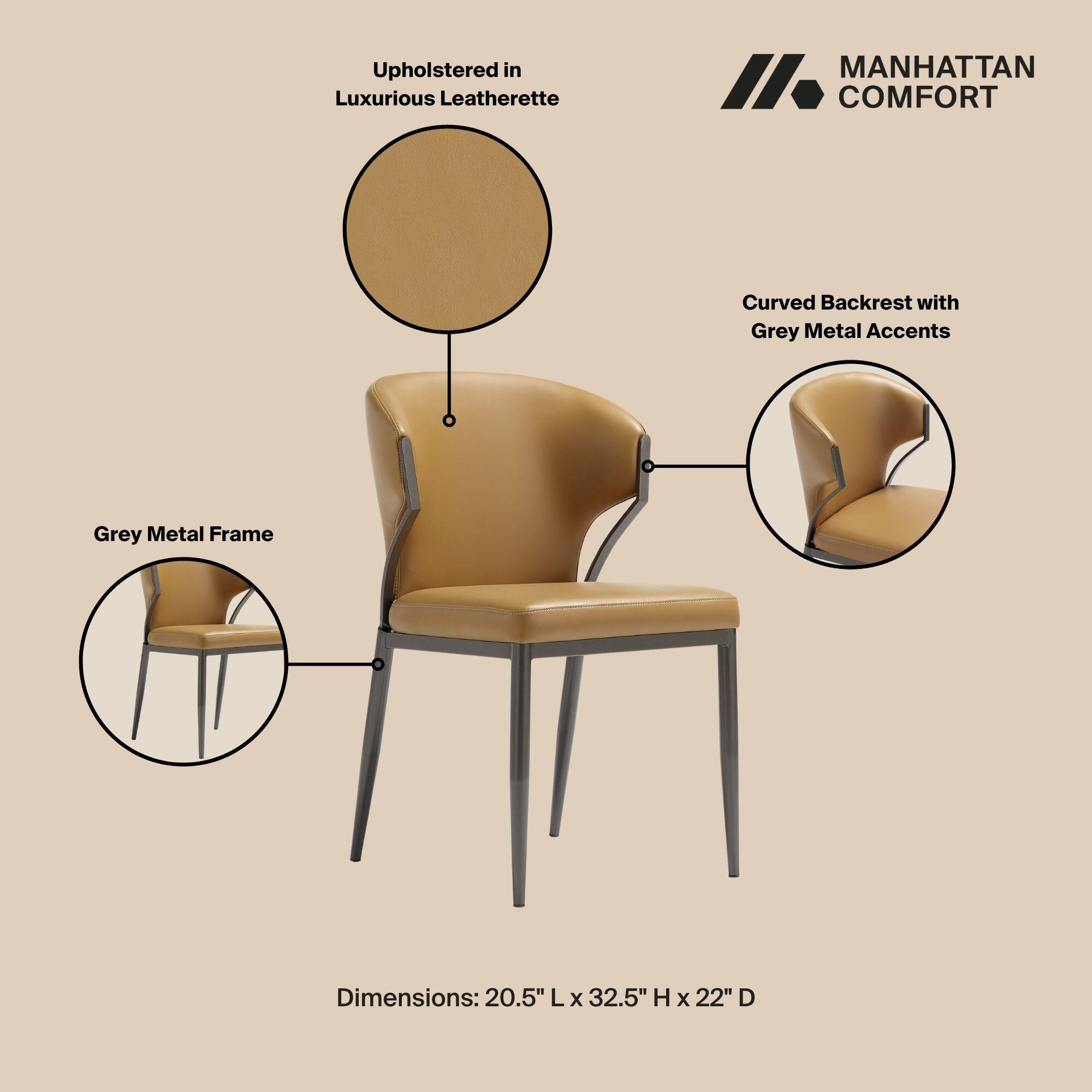 Upholstered in Luxurious Leatherette  
MANHATTAN COMFORT  
Curved Backrest with Grey Metal Accents  
Grey Metal Frame  
Dimensions: 20.5" L x 32.5" H x 22" D