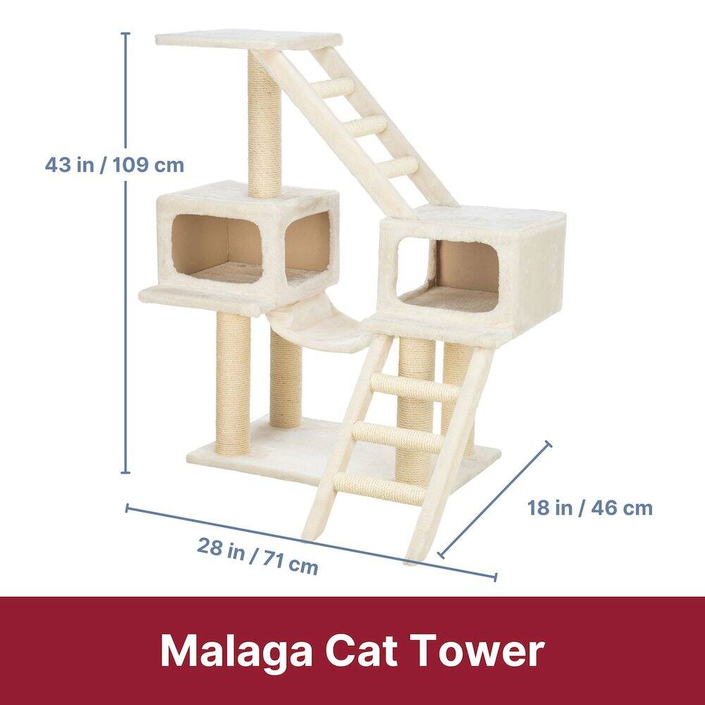 43 in / 109 cm  
28 in / 71 cm  
18 in / 46 cm  

Malaga Cat Tower