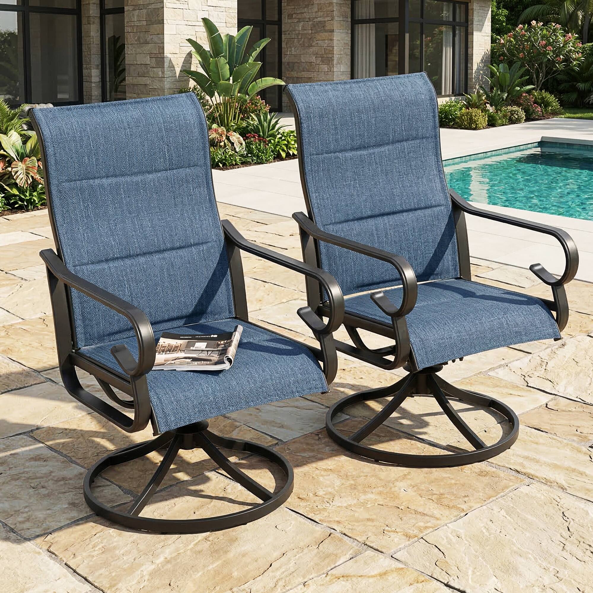 Alt View 2. Nuu Garden - 2-Piece Padded Textilene and Metal Outdoor Dining Chairs with Smooth Swivel Base, High Backrest and Wide Seat - Blue.