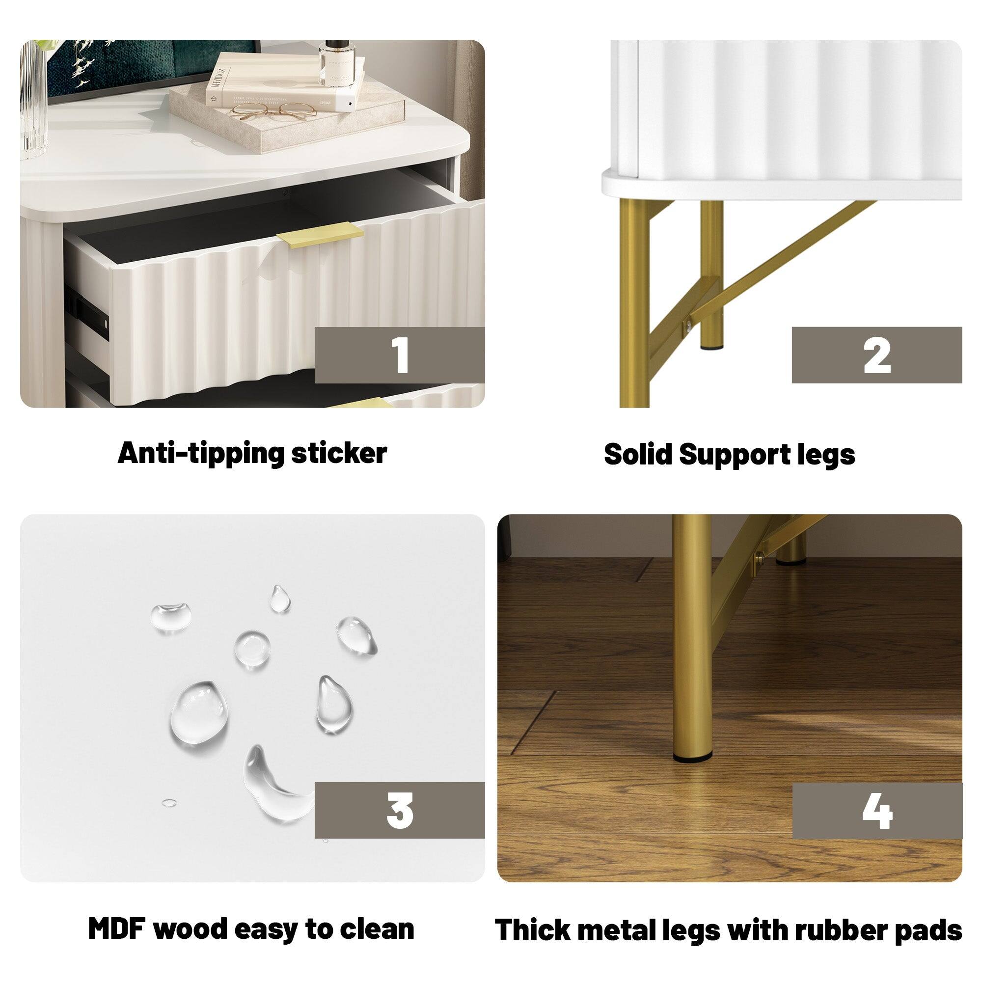 1. Anti-tipping sticker  
2. Solid Support legs  
3. MDF wood easy to clean  
4. Thick metal legs with rubber pads