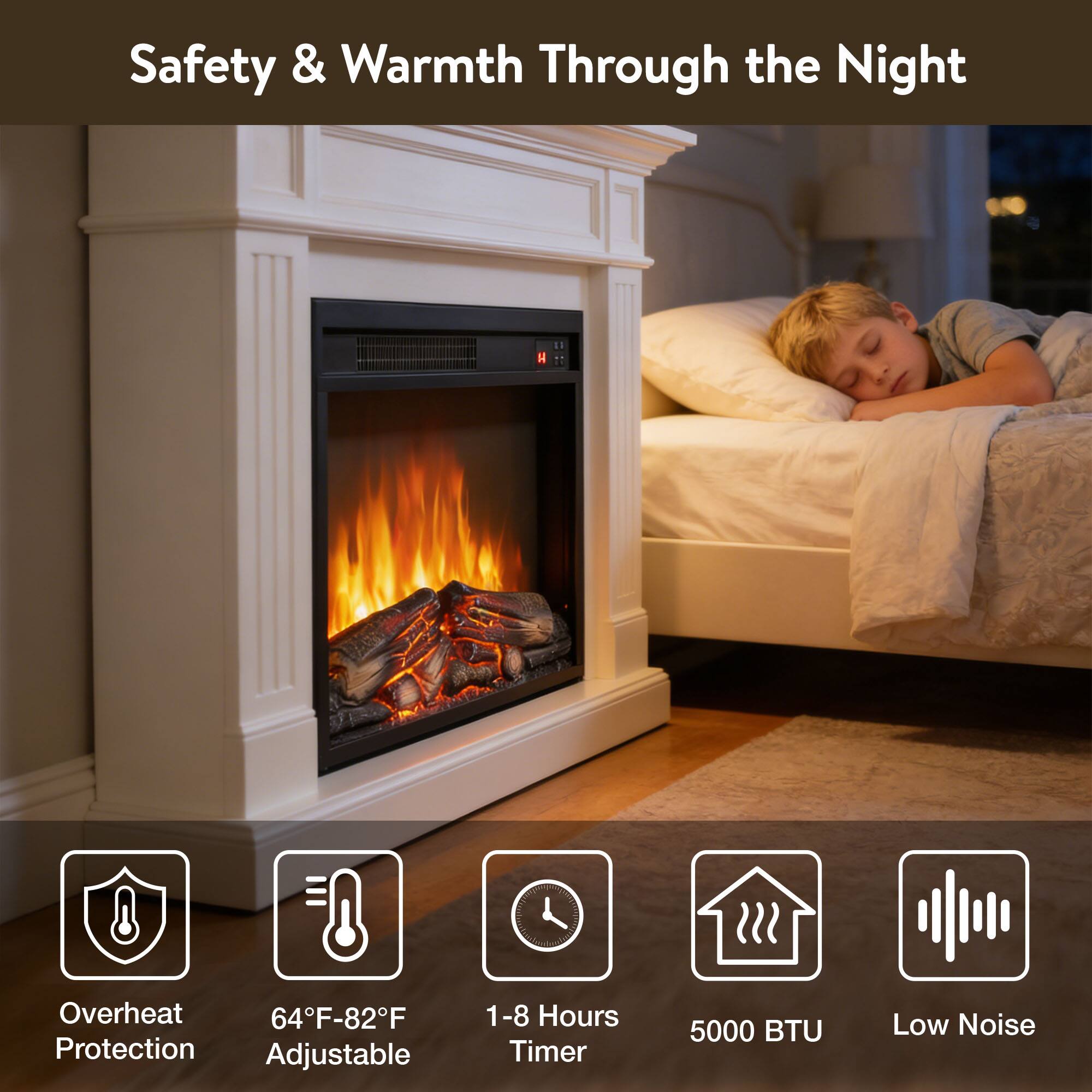 Safety & Warmth Through the Night

- Overheat Protection
- 64°F-82°F Adjustable
- 1-8 Hours Timer
- 5000 BTU
- Low Noise