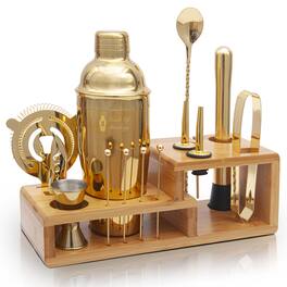 Touch of Mixology - Cocktail Shaker Set - 14 Piece Stainless Steel Bartender Kit with Bamboo Stand - Gift Ready Bar Accessories - Gold