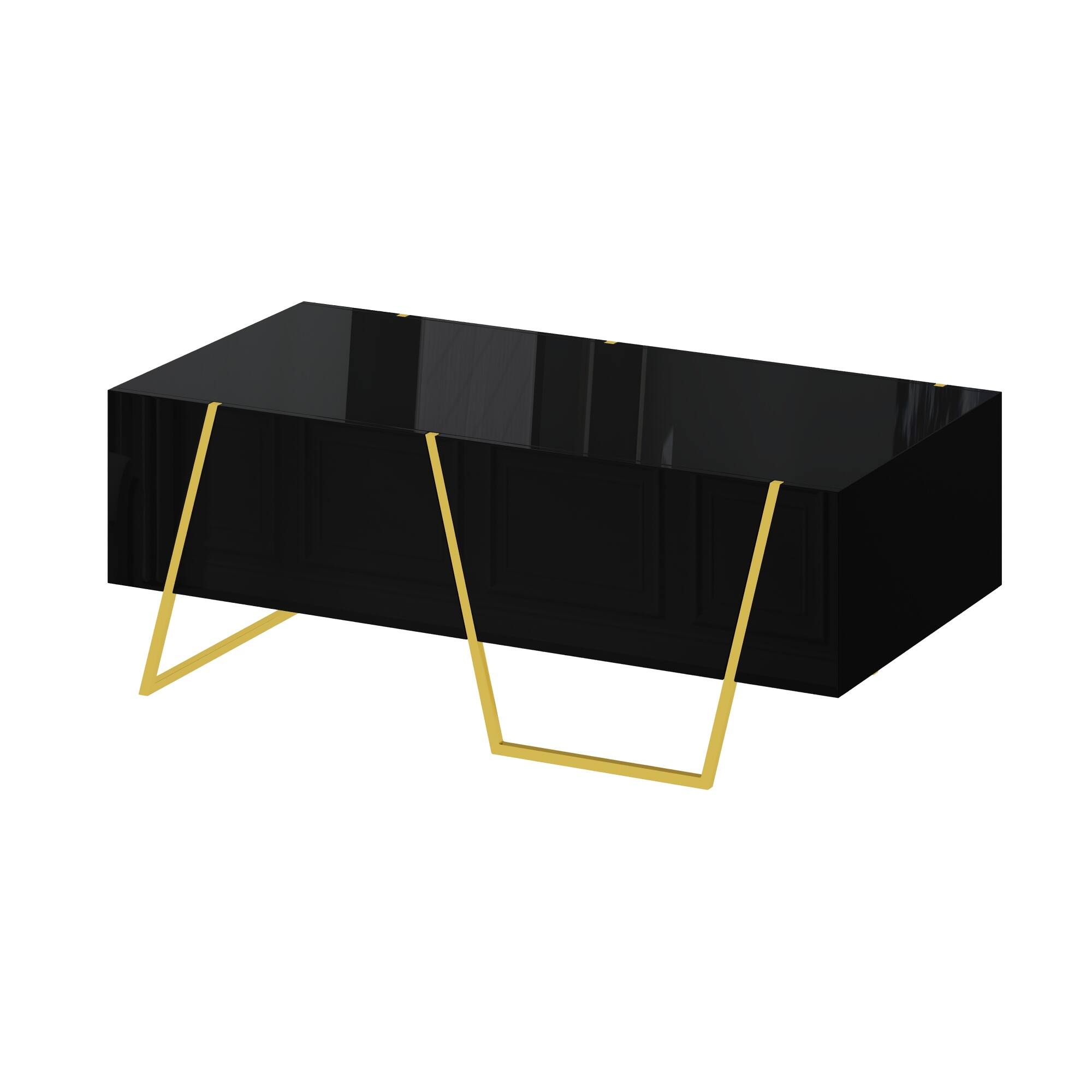 Alt View 7. GOODSILO - Modern Rectangular High Gloss Coffee Table with Storage Drawers and Gold Metal Base for Contemporary Living Room - Black+Gold.