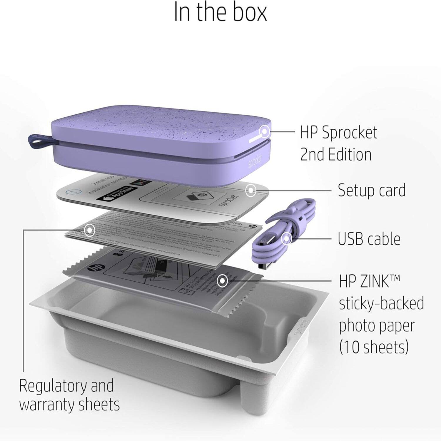In the box HP Sprocket 2nd Edition Setup card USB cable HP ZINKTM sticky-backed photo paper (10 sheets) Regulatory and warranty sheets