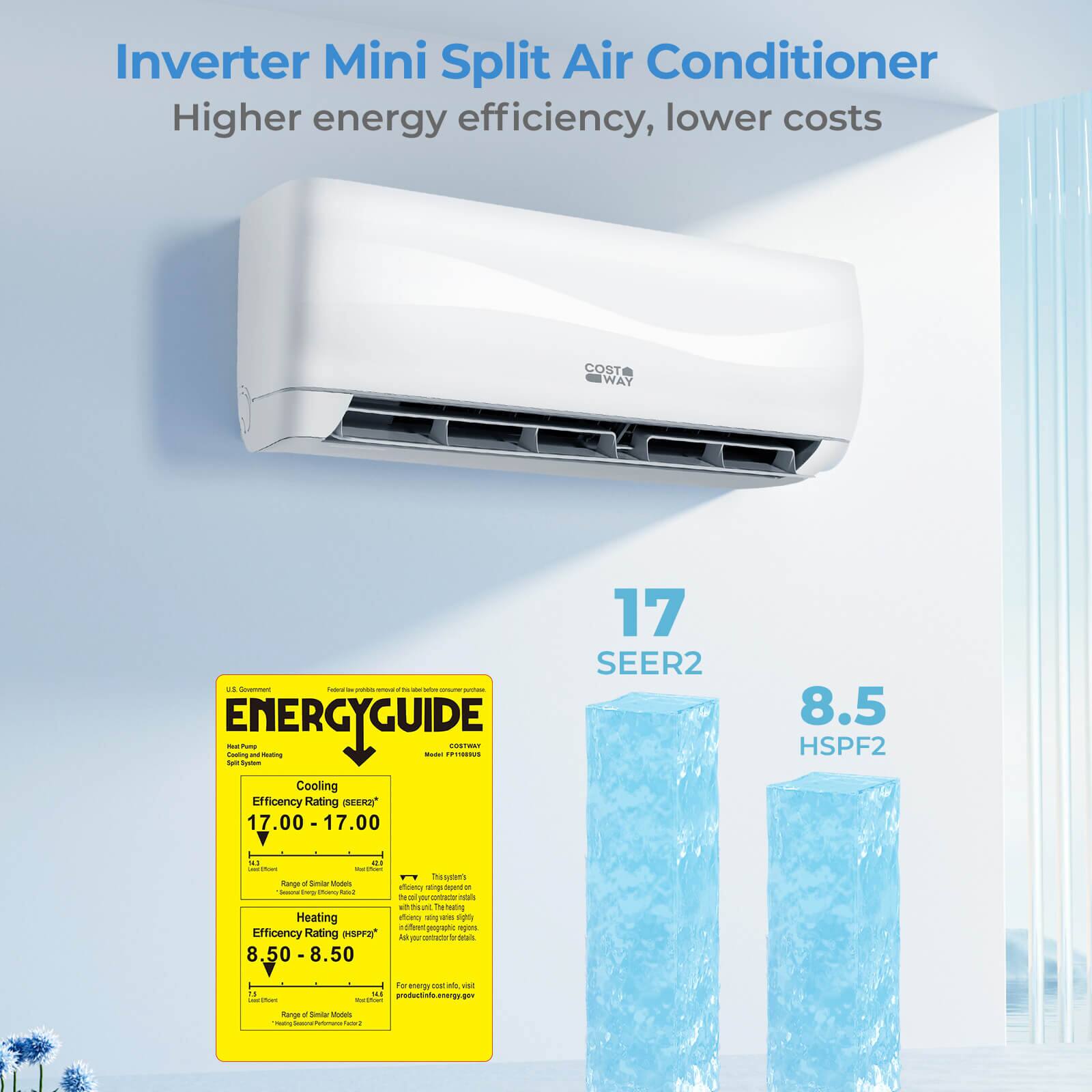 Inverter Mini Split Air Conditioner  
Higher energy efficiency, lower costs  

COST WAY  

17 SEER2  
8.5 HSPF2  

Cooling Efficiency Rating: 17.00 - 17.00  
Heating Efficiency Rating: 8.50 - 8.50  

ENERGYGUIDE  
Model: FT19N80