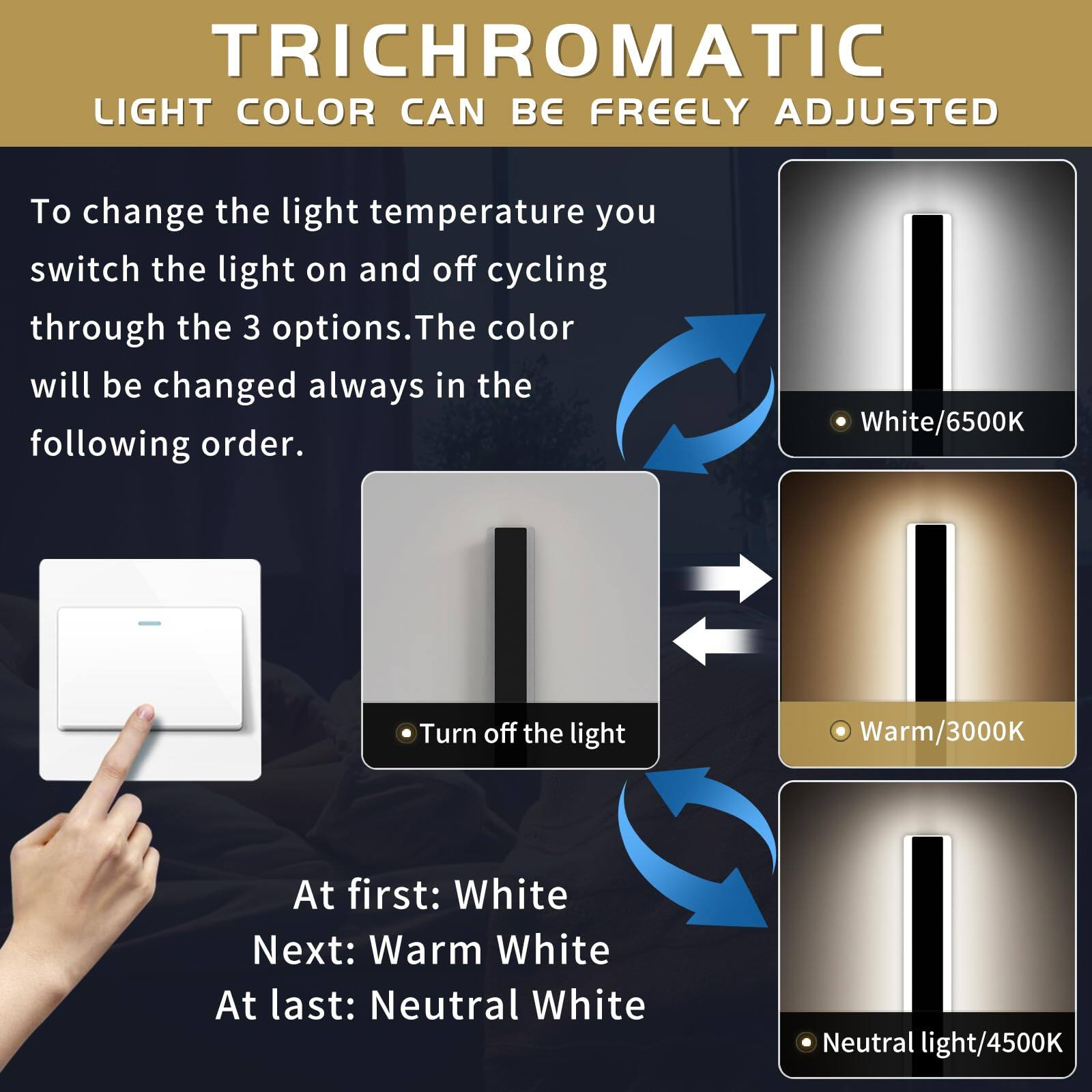 TRICHROMATIC  
LIGHT COLOR CAN BE FREELY ADJUSTED

To change the light temperature you switch the light on and off cycling through the 3 options. The color will be changed always in the following order.

- White/6500K
- Warm/3000K
- Neutral light/4500K

At first: White  
Next: Warm White  
At last: Neutral White