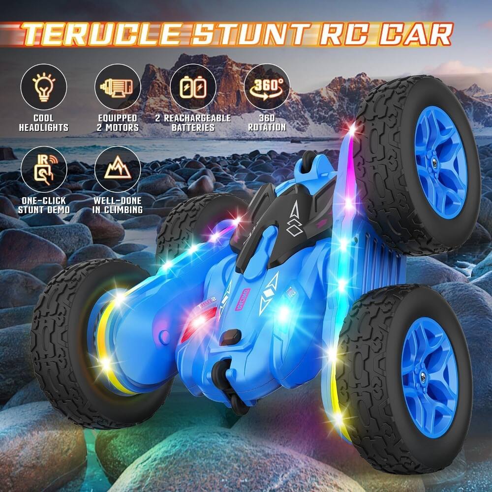TERUCLE STUNT RC CAR  
- COOL HEADLIGHTS  
- EQUIPPED 2 MOTORS  
- 2 RECHARGEABLE BATTERIES  
- 360° ROTATION  
- ONE-CLICK STUNT DEMO  
- WELL-DONE IN CLIMBING