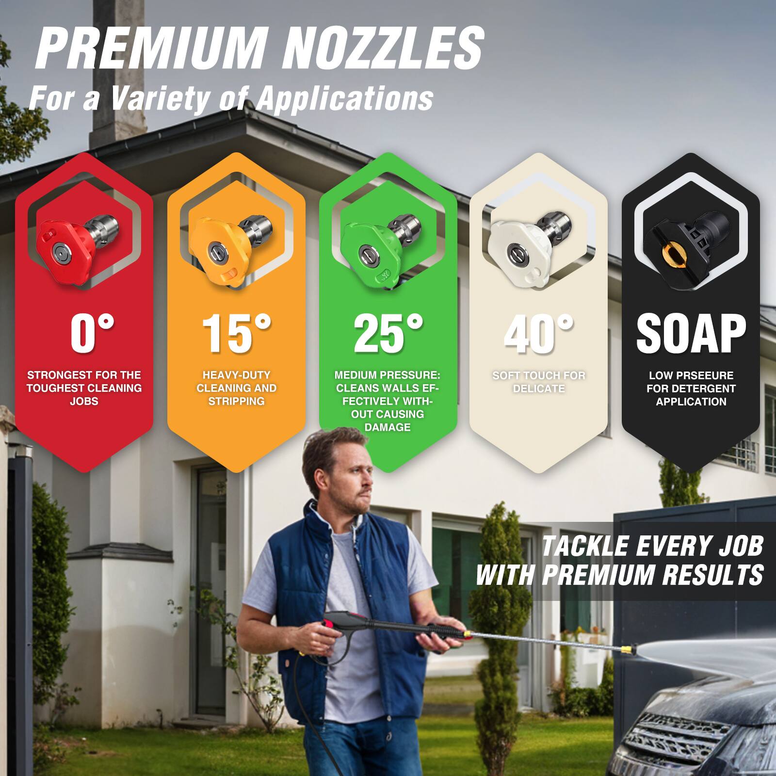 PREMIUM NOZZLES For a Variety of Applications

0° STRONGEST FOR THE TOUGHEST CLEANING JOBS

15° HEAVY-DUTY CLEANING AND STRIPPING

25° MEDIUM PRESSURE: CLEANS WALLS EFFECTIVELY WITHOUT CAUSING DAMAGE

40° SOFT TOUCH FOR DELICATE

SOAP LOW PRESSURE FOR DETERGENT APPLICATION

TACKLE EVERY JOB WITH PREMIUM RESULTS