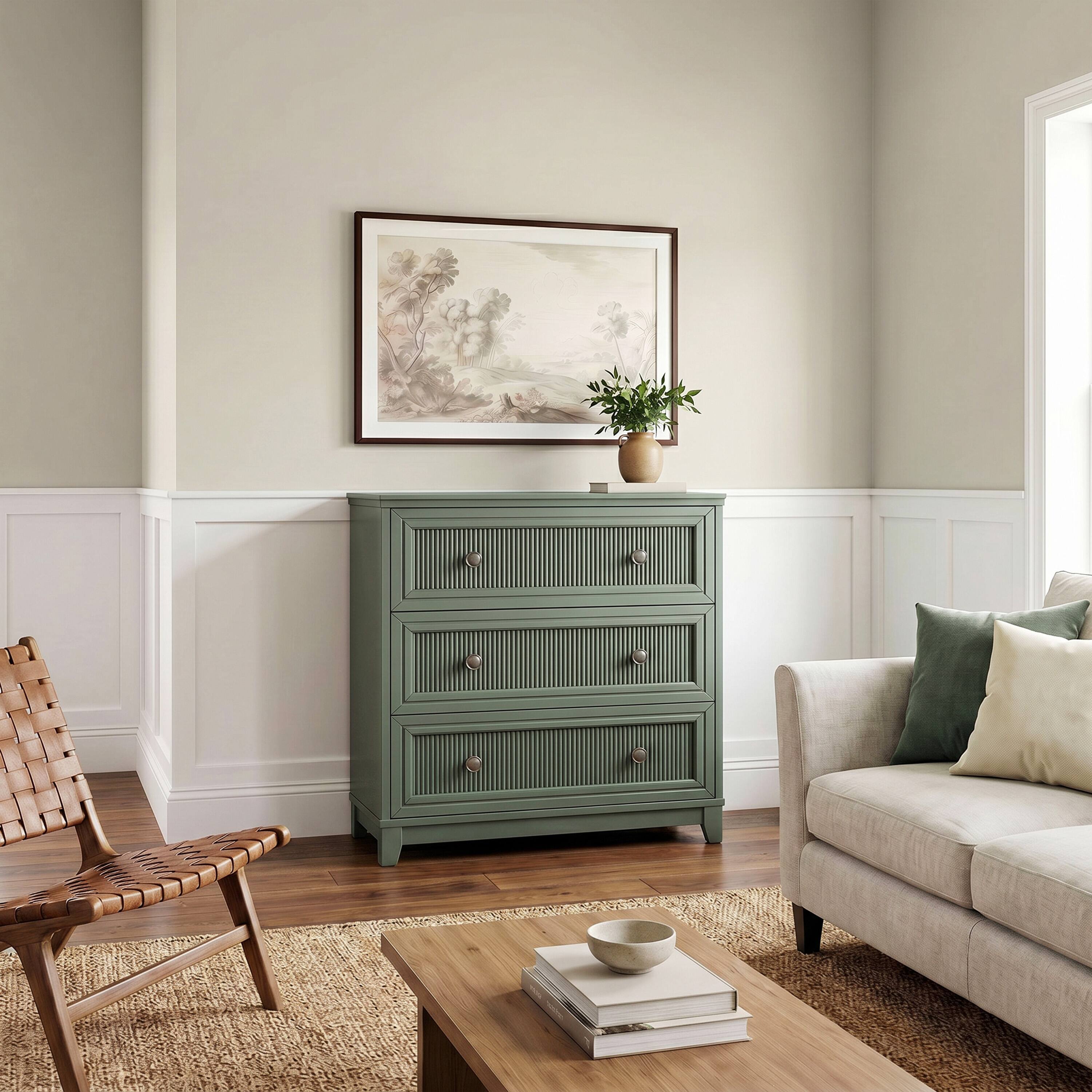 Alt View 5. Martha Stewart - Bedford Modular 3-Drawer Wooden Storage Media Cabinet with Hardware, Solid Wood Frame and Legs - Fern Green Frame/Gunmetal Hardware.