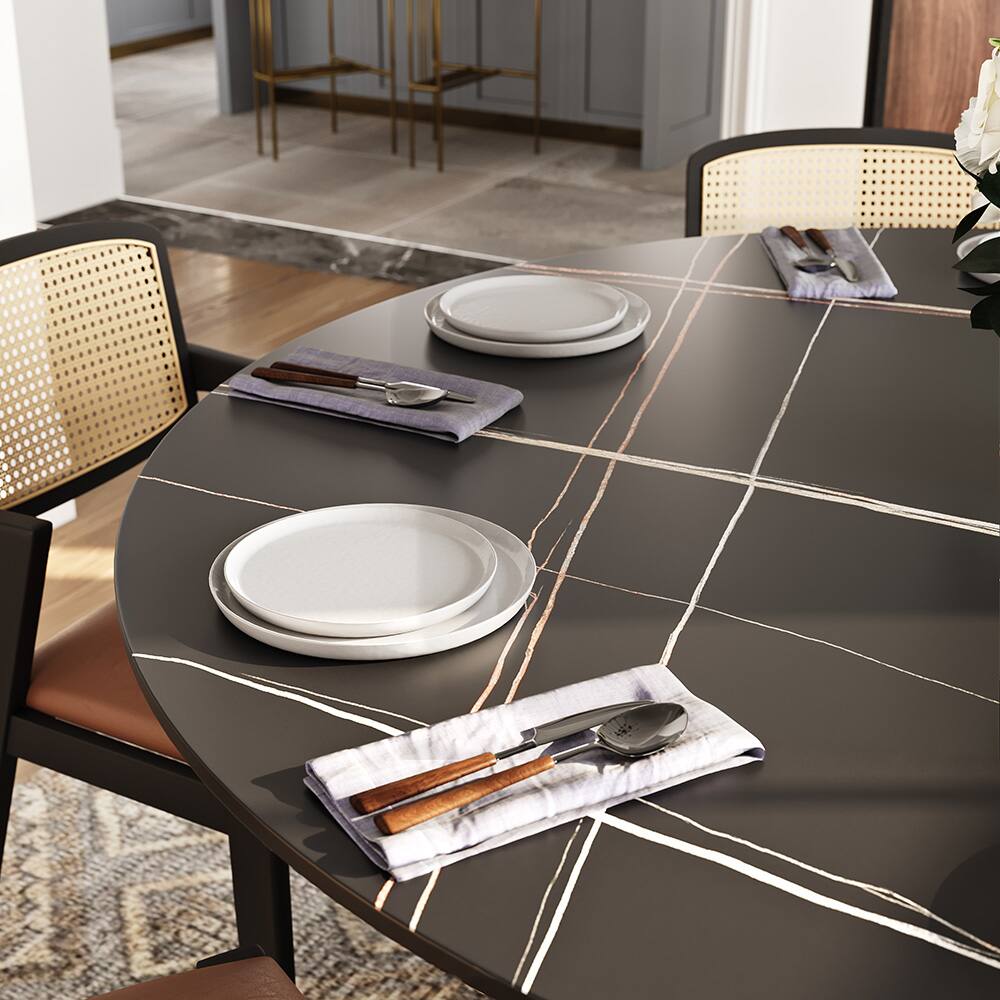 Alt View 1. POVISON - 59" Modern Luxury Black Round Dining Table for 6, Matte Sintered Stone Tabletop, Bronze Carbon Steel Base - Black & Bronze.