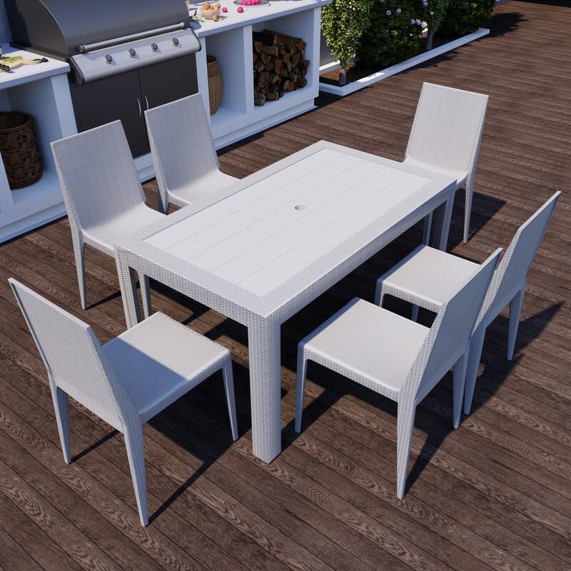 Angle. LeisureMod - Mace Weave Design 55Inch Outdoor Dining Table, Weather-Resistant Patio Accent Table, Modern Backyard Furniture - White.