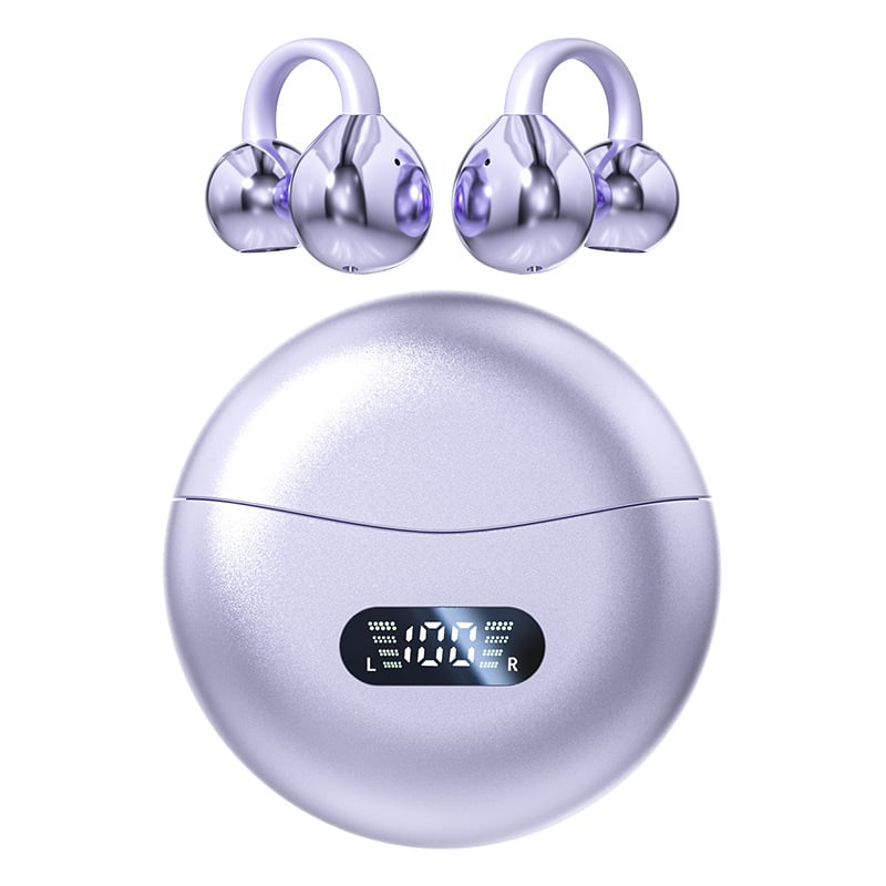 Cluzine - Purple Open-Ear Clip-On Earbuds Headphones, Panoramic Sound, Touch Control, LED Display