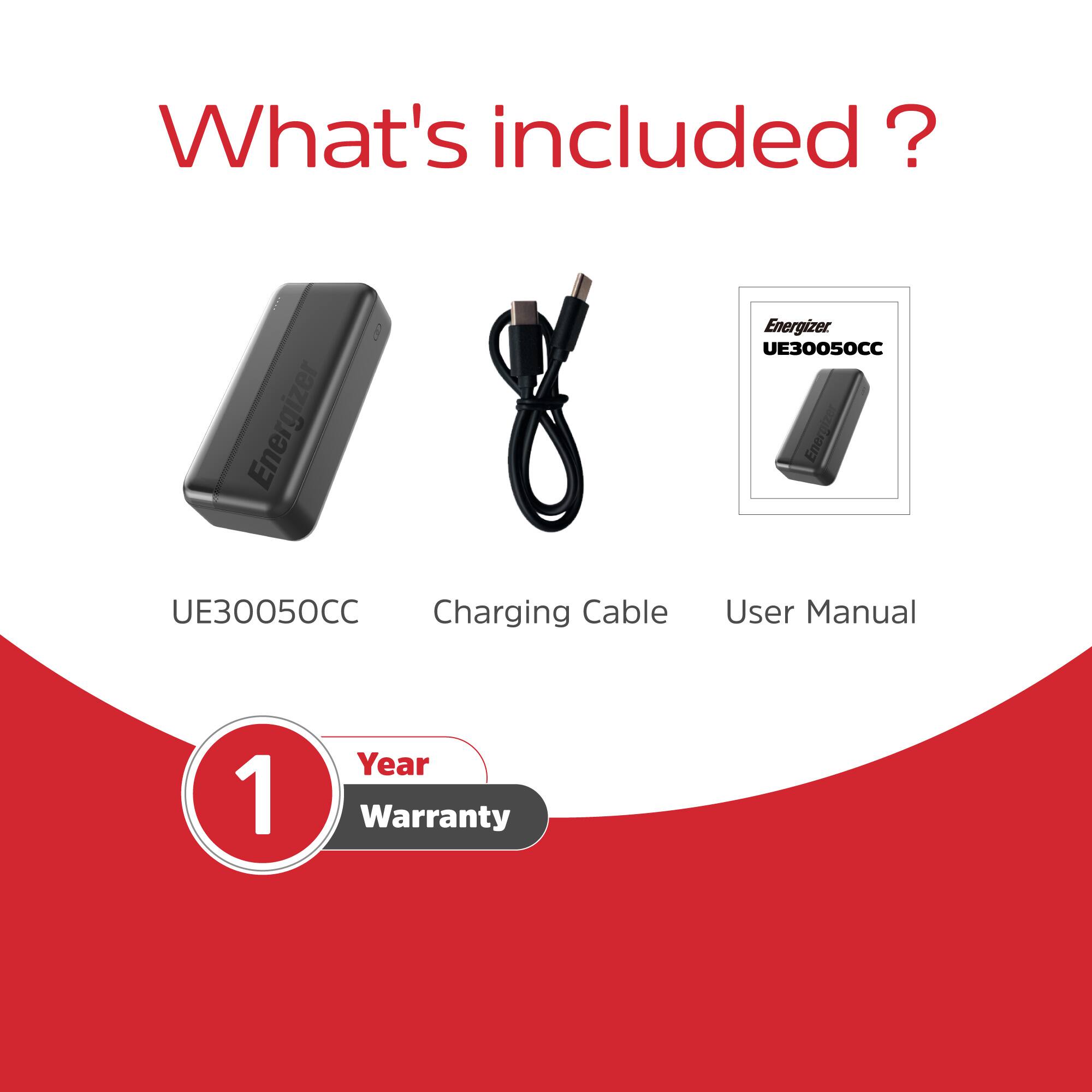 What's included? Energizer UE30050CC Charging Cable User Manual 1 Year Warranty