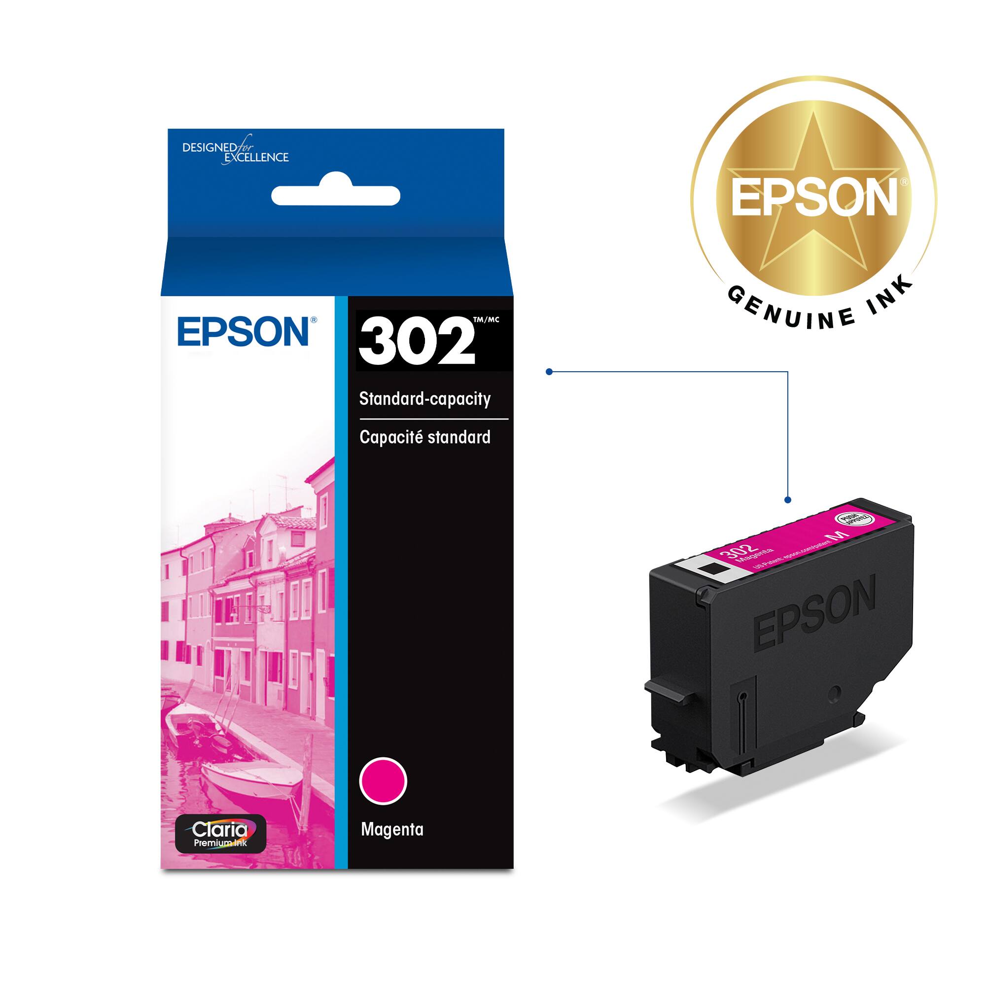 DESIGNED FOR EXCELLENCE

EPSON 302  
Standard-capacity  
Capacité standard

EPSON GENUINE INK

Claria Premium Magenta

Magenta