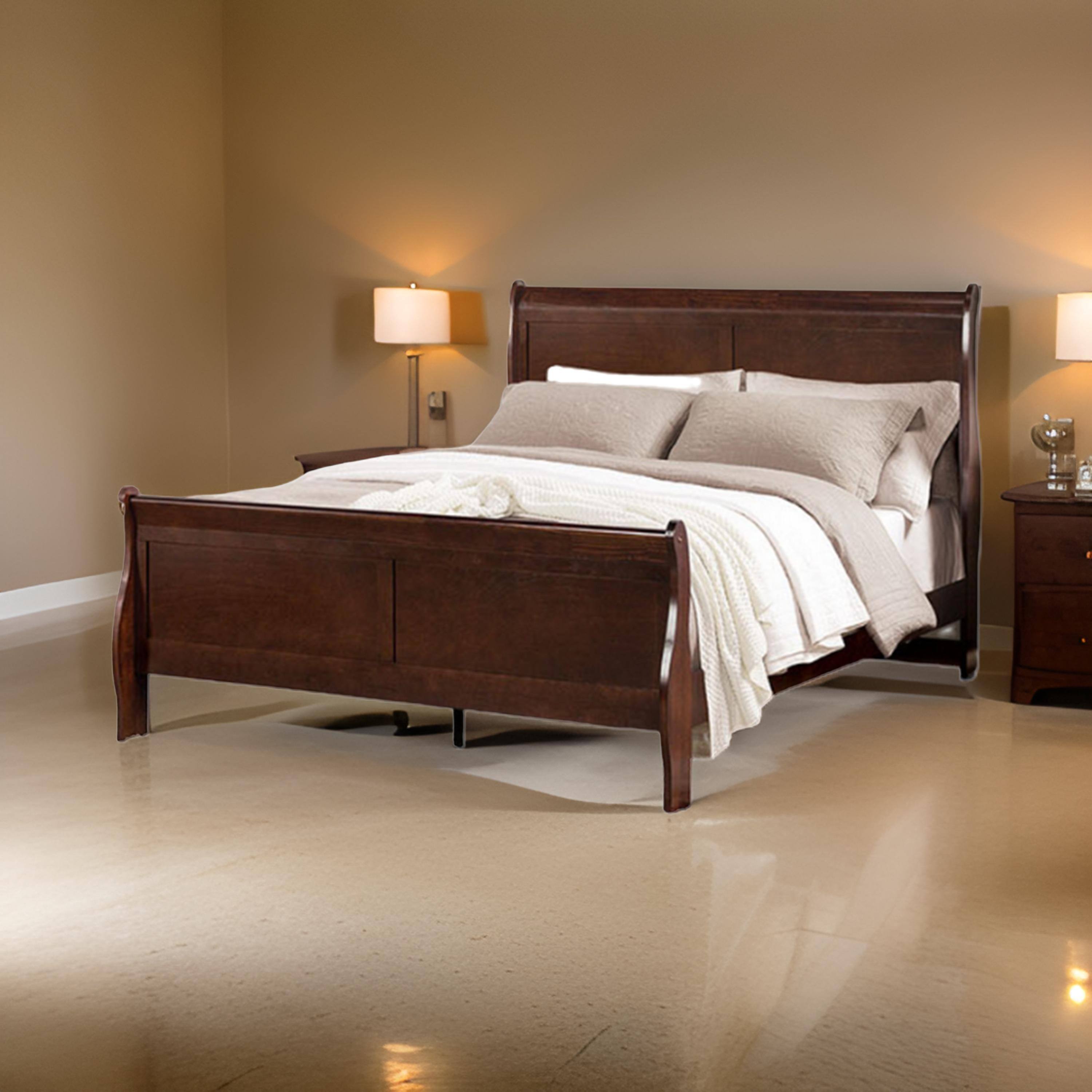Alt View 2. Manhattan Lane - Ryla Full Size Bed, Sleigh Panel Headboard, Dark Cherry Brown Solid Wood - Cherry Brown.