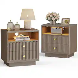 paproos - 23'' Fluted Nightstand Set of 2 with Charging Station, Modern Bedside Table with Motion Sensor LED Light & 2-Drawer - Brown Gray