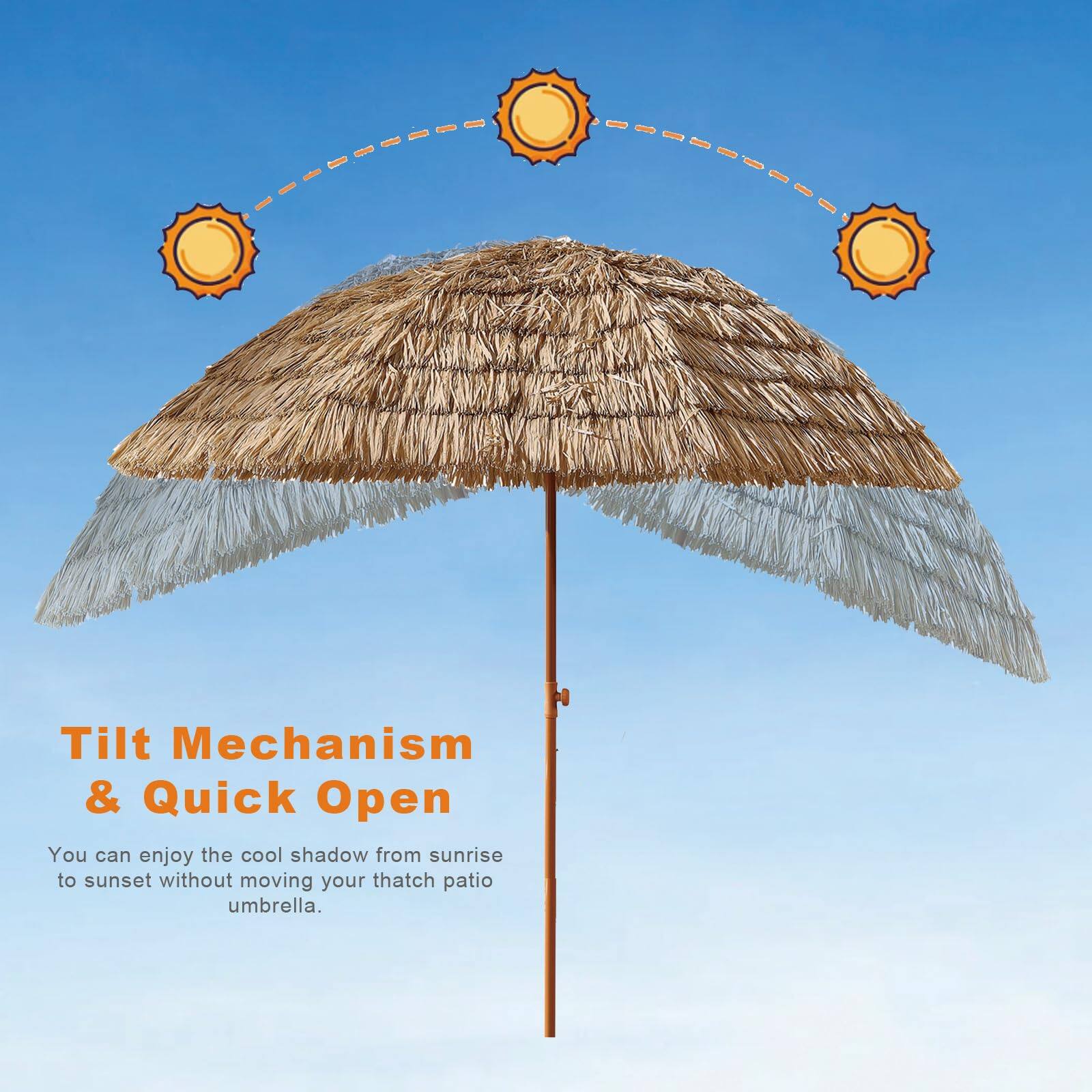 Tilt Mechanism & Quick Open

You can enjoy the cool shadow from sunrise to sunset without moving your thatch patio umbrella.