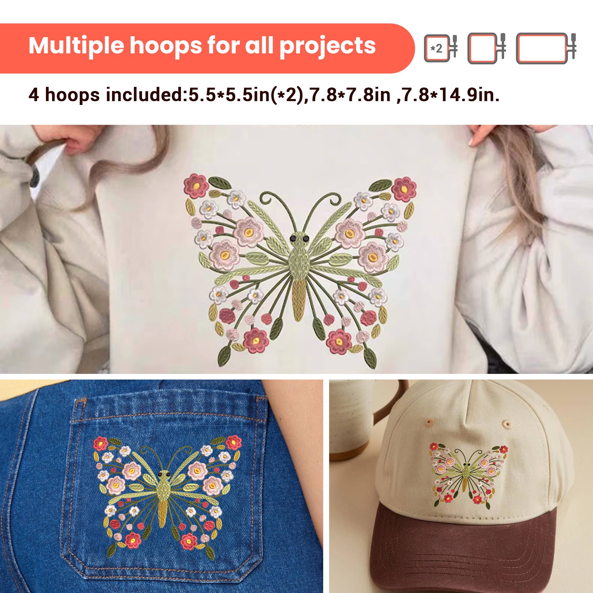 Multiple hoops for all projects  
4 hoops included: 5.5*5.5in (*2), 7.8*7.8in, 7.8*14.9in.