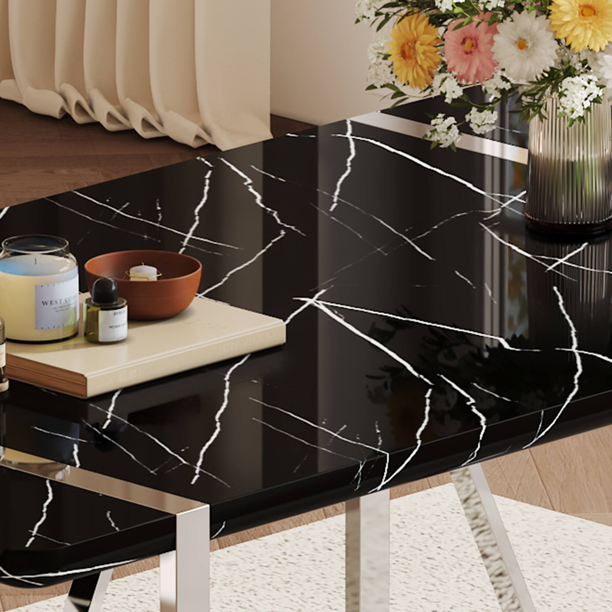 Alt View 10. Tiramisubest - Rustic Industrial Rectangular MDF Black Dining Table for 4-6, With 1.5" Thick MDF Desktop and Electroplated Metal Legs - Black.