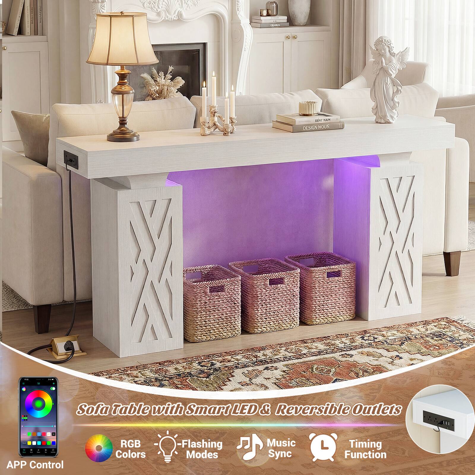 S Dame SEAT m DESIGN MOUS - Sofa Table with Smart LED & Reversible Outlets 2, A 1AE - APP Control RGB Colors - Flashing Modes Music Sync Timing Function