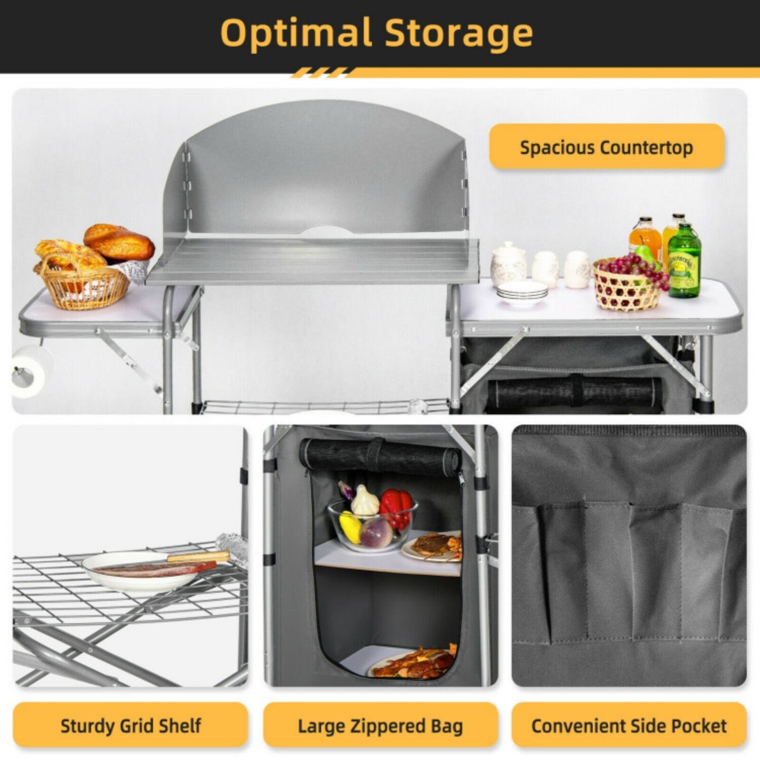 Optimal Storage

- Spacious Countertop
- Sturdy Grid Shelf
- Large Zippered Bag
- Convenient Side Pocket