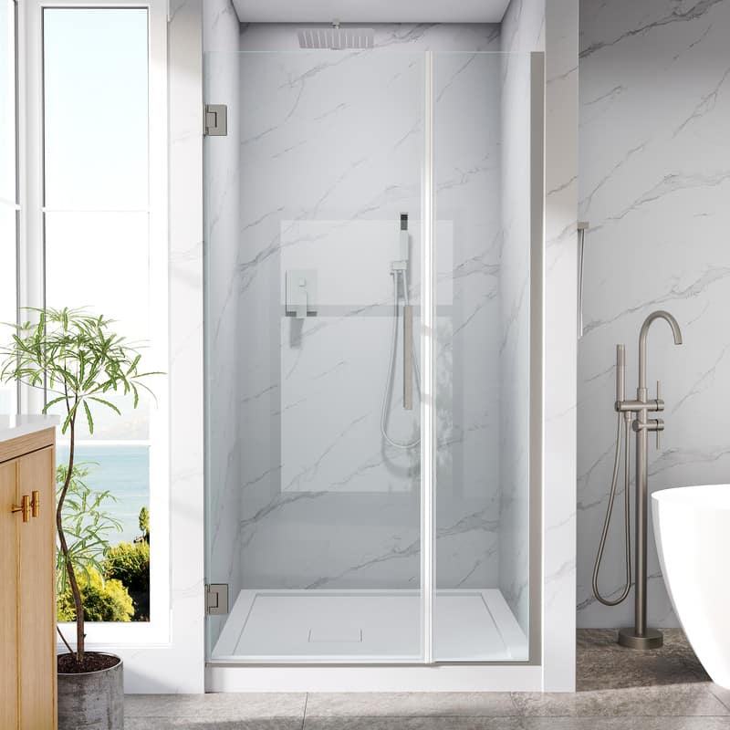 "WELLFOR - 38–39 in. W x 72 in. H Frameless Hinged Shower Door with 3/8"" Clear Tempered Glass, Reversible Opening - Brushed Nickel" price history on PriceWatchPro