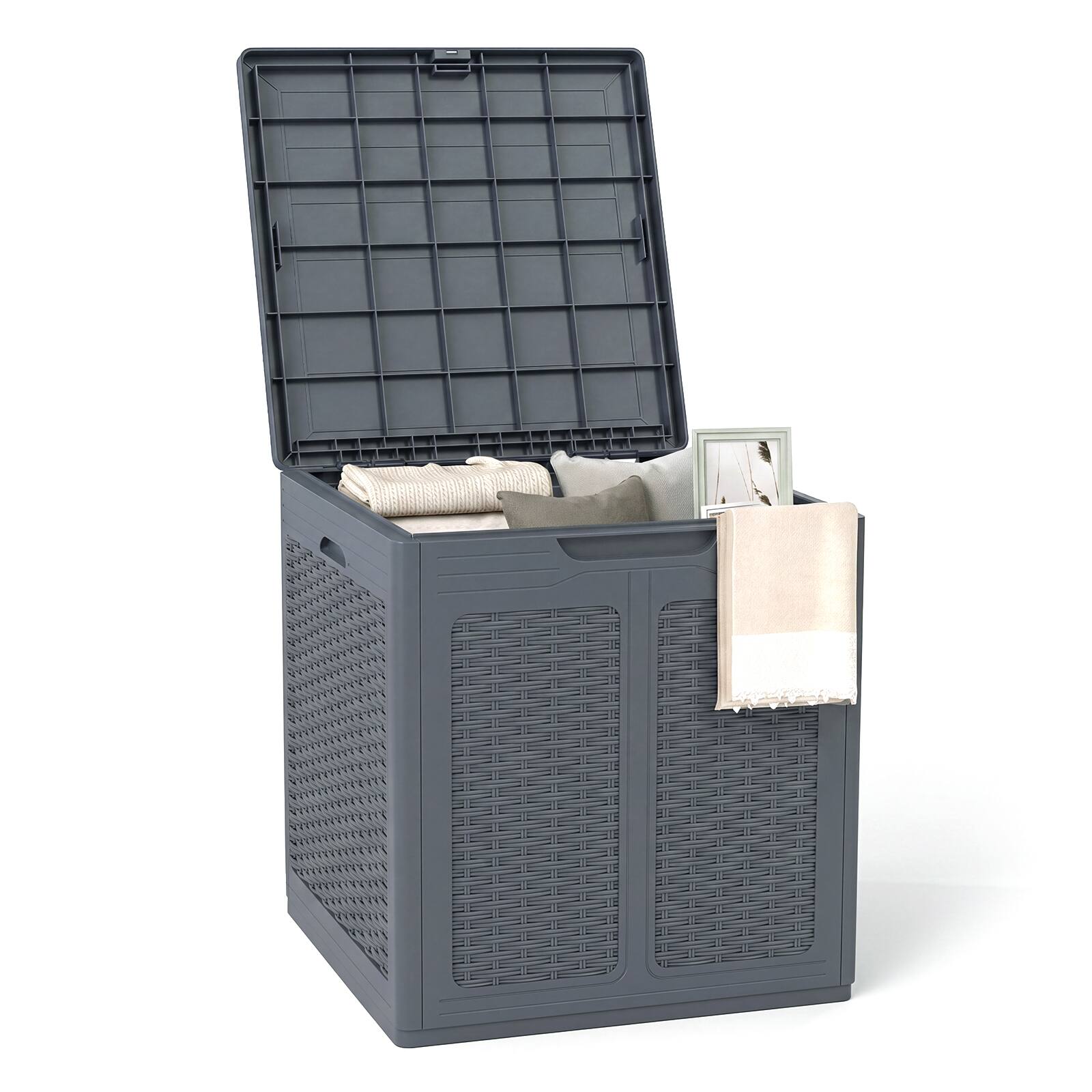 Costway - 39 Gallon Outdoor Storage Box with Rattan Patterns & Lockable Lid for Garden Tools - Gray