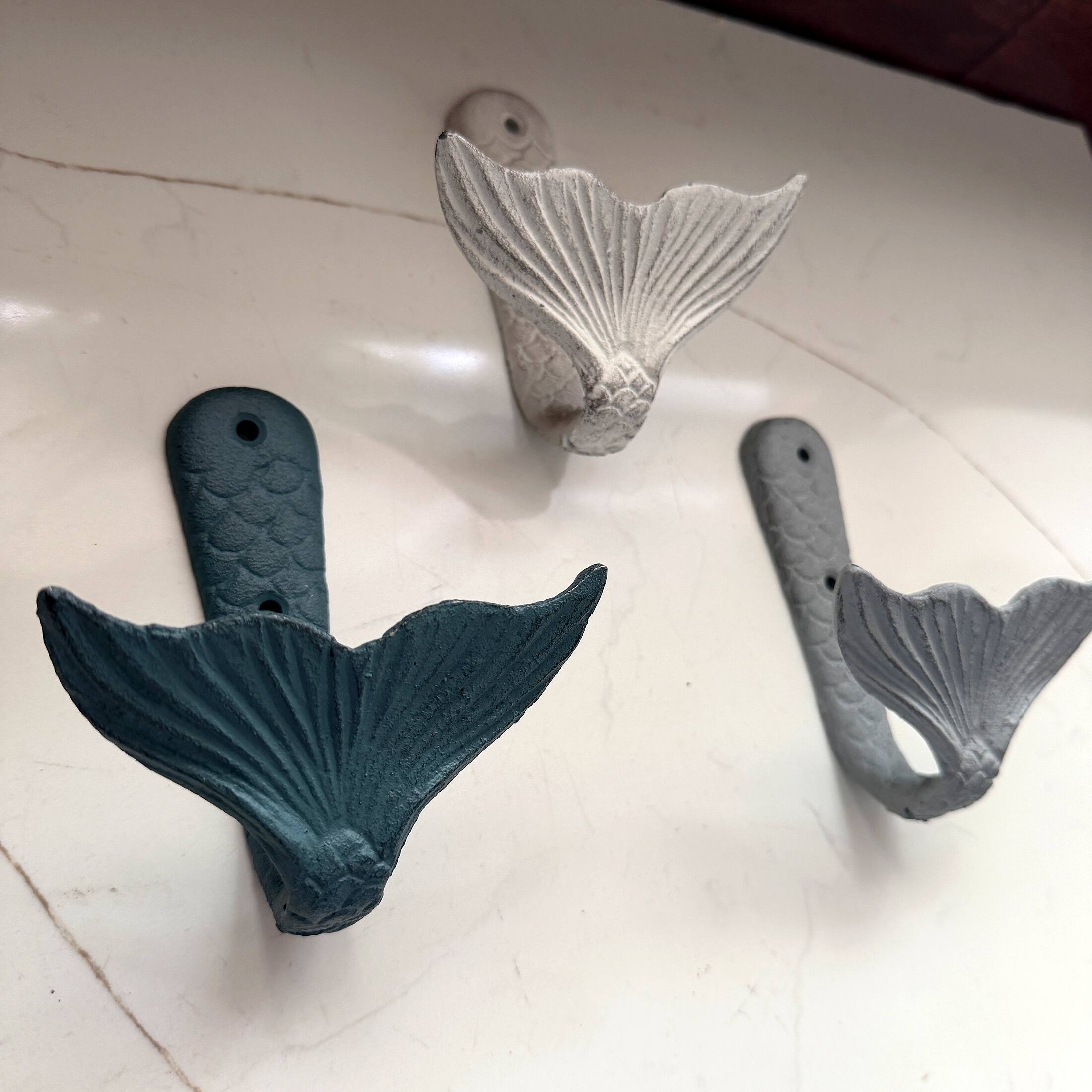 Alt View 4. Zeckos - Set of 3 Cast Iron Mermaid Tail Wall Hooks Distressed Blue Gray White 5 Inch - Multicolored.