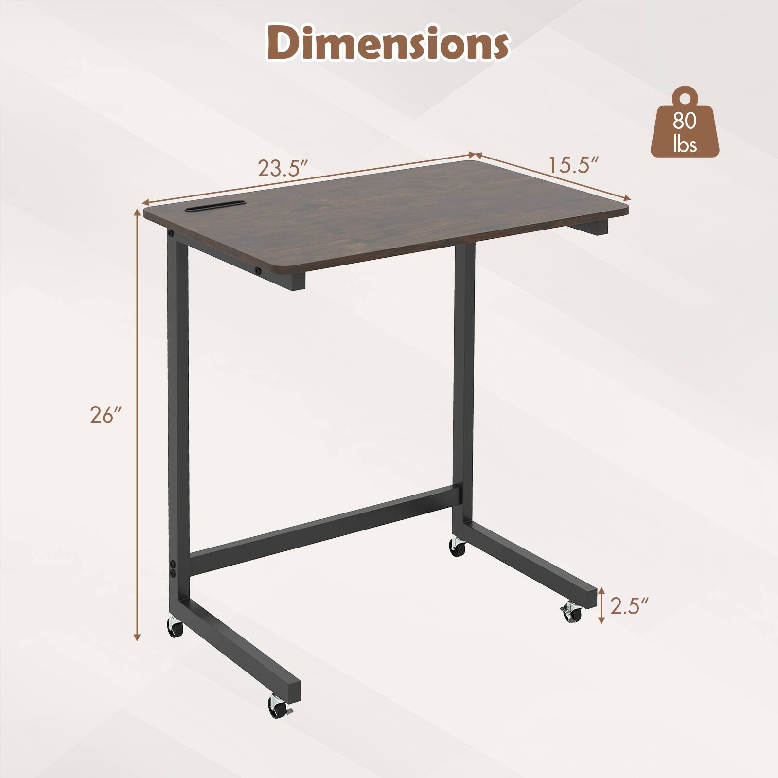 Dimensions: 23.5" x 15.5" x 26"  
Weight Capacity: 80 lbs  
Height: 2.5"