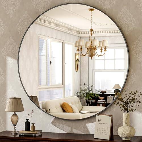Live At Space - Round Mirror 24 Black Wall Mounted Circle Mirrors Vanity with Brushed Aluminum Alloy Frame Modern Decoration for - Black-20"L x 20"W