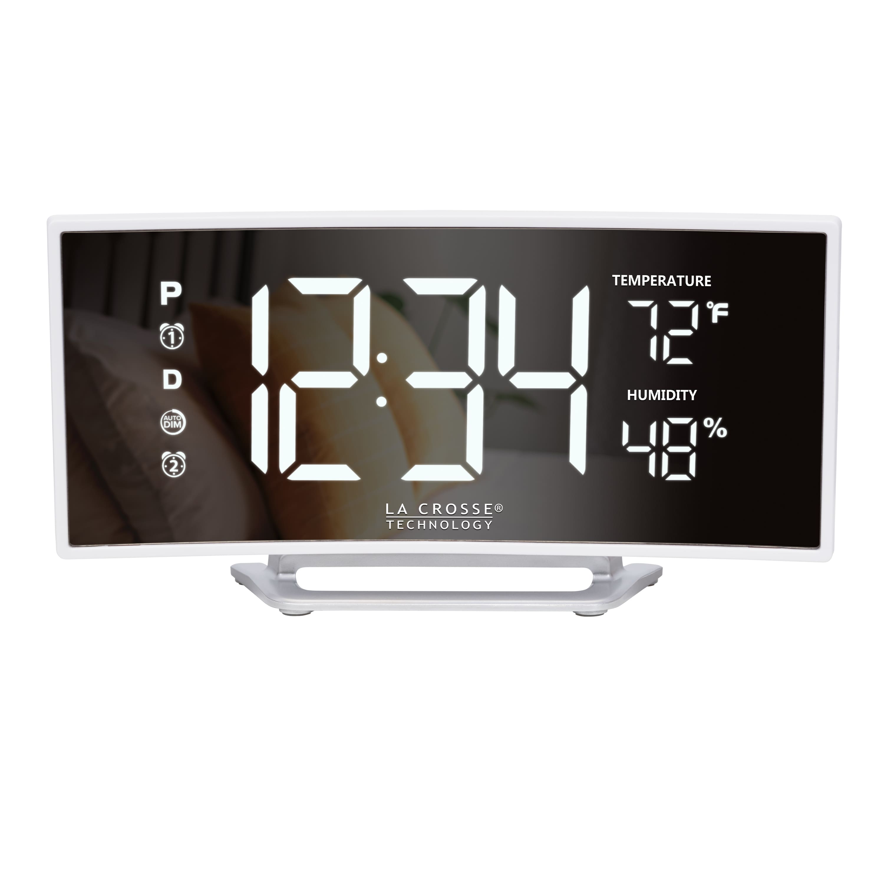 La Crosse Technology - Curved Mirror LED Dual Alarm Clock with Temperature & Humidity with USB - White