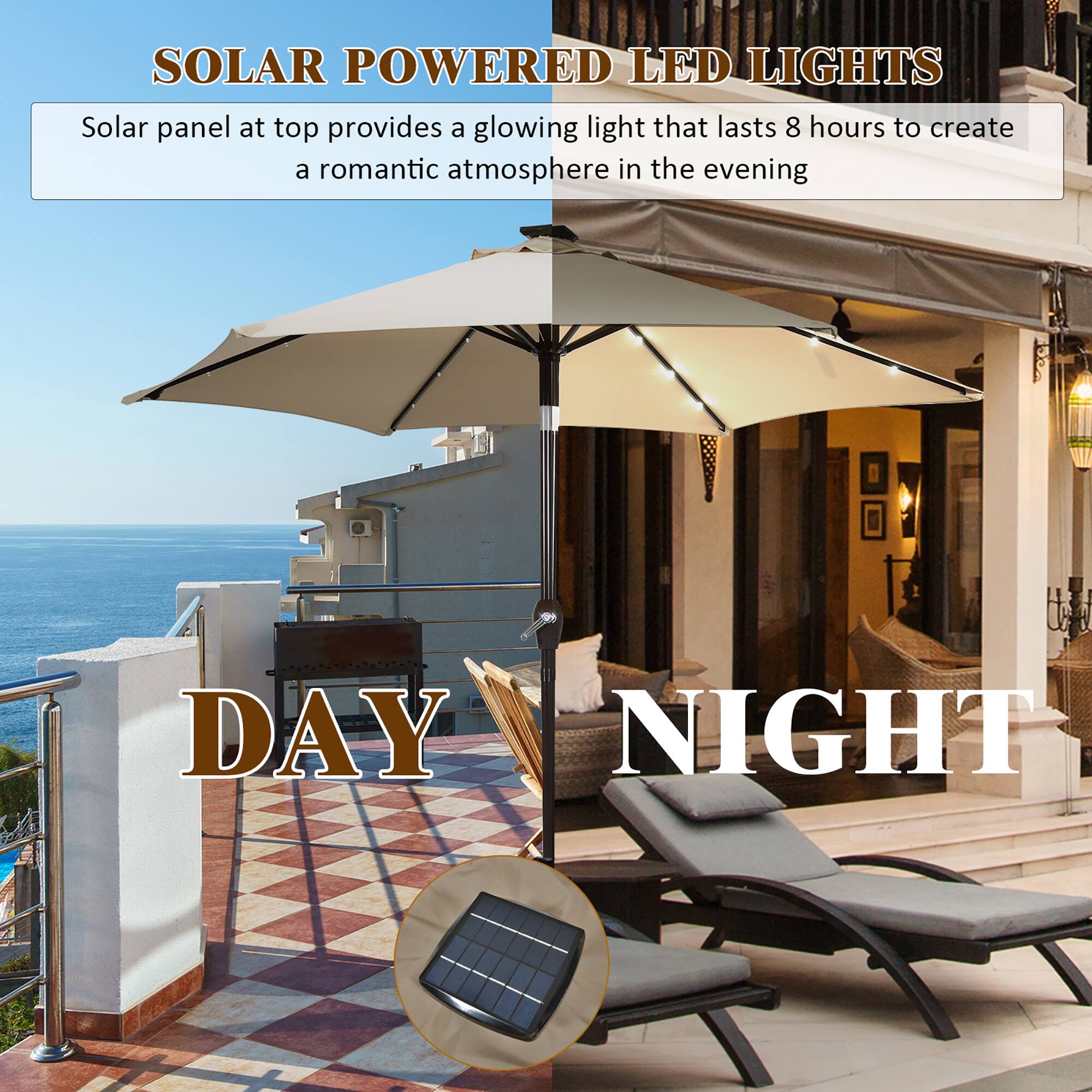 Solar Powered LED Lights: Solar panel at the top provides a glowing light that lasts 8 hours to create a romantic atmosphere in the evening.