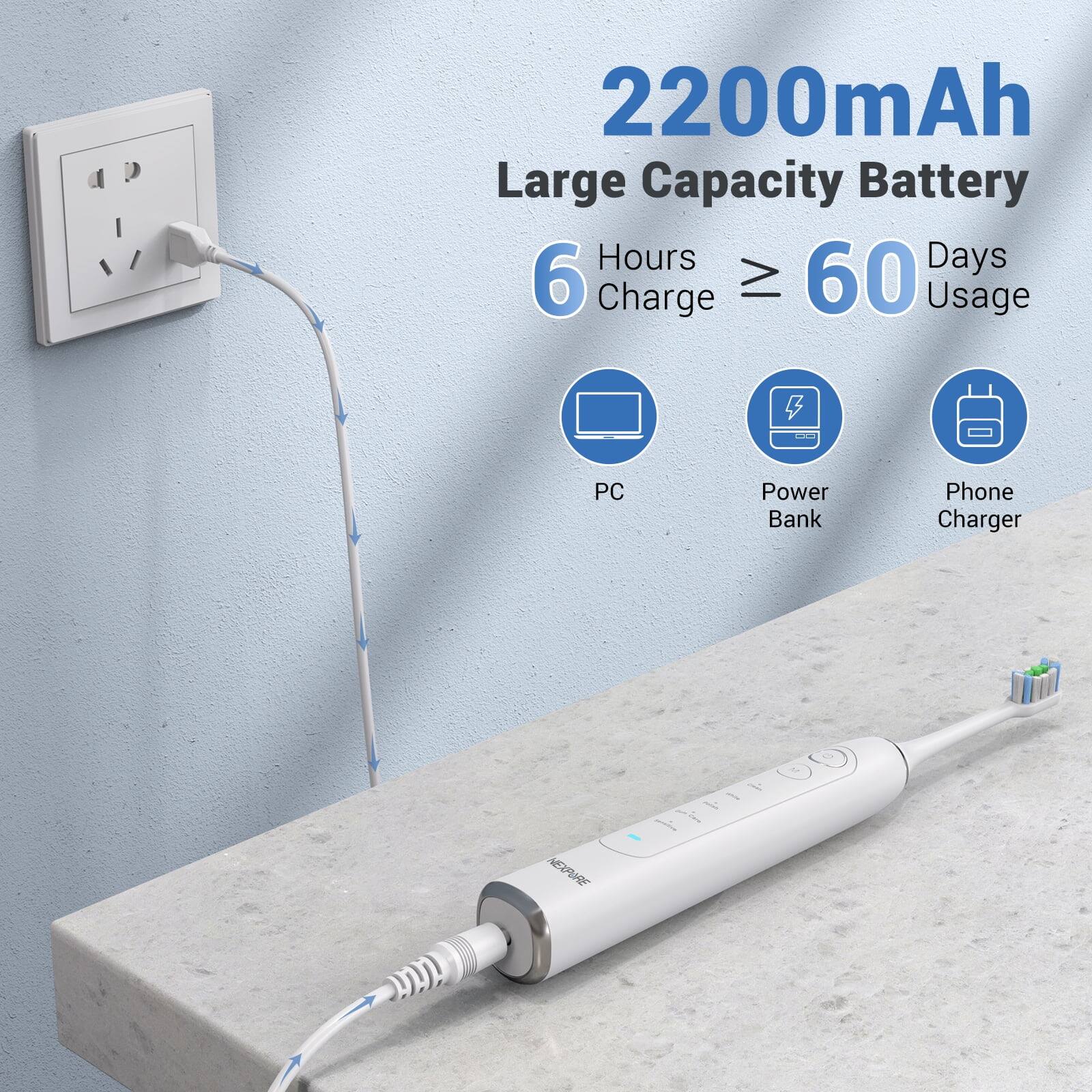 2200mAh Large Capacity Battery  
6 Hours Charge ≥ 60 Days Usage  
PC Power Bank Phone Charger