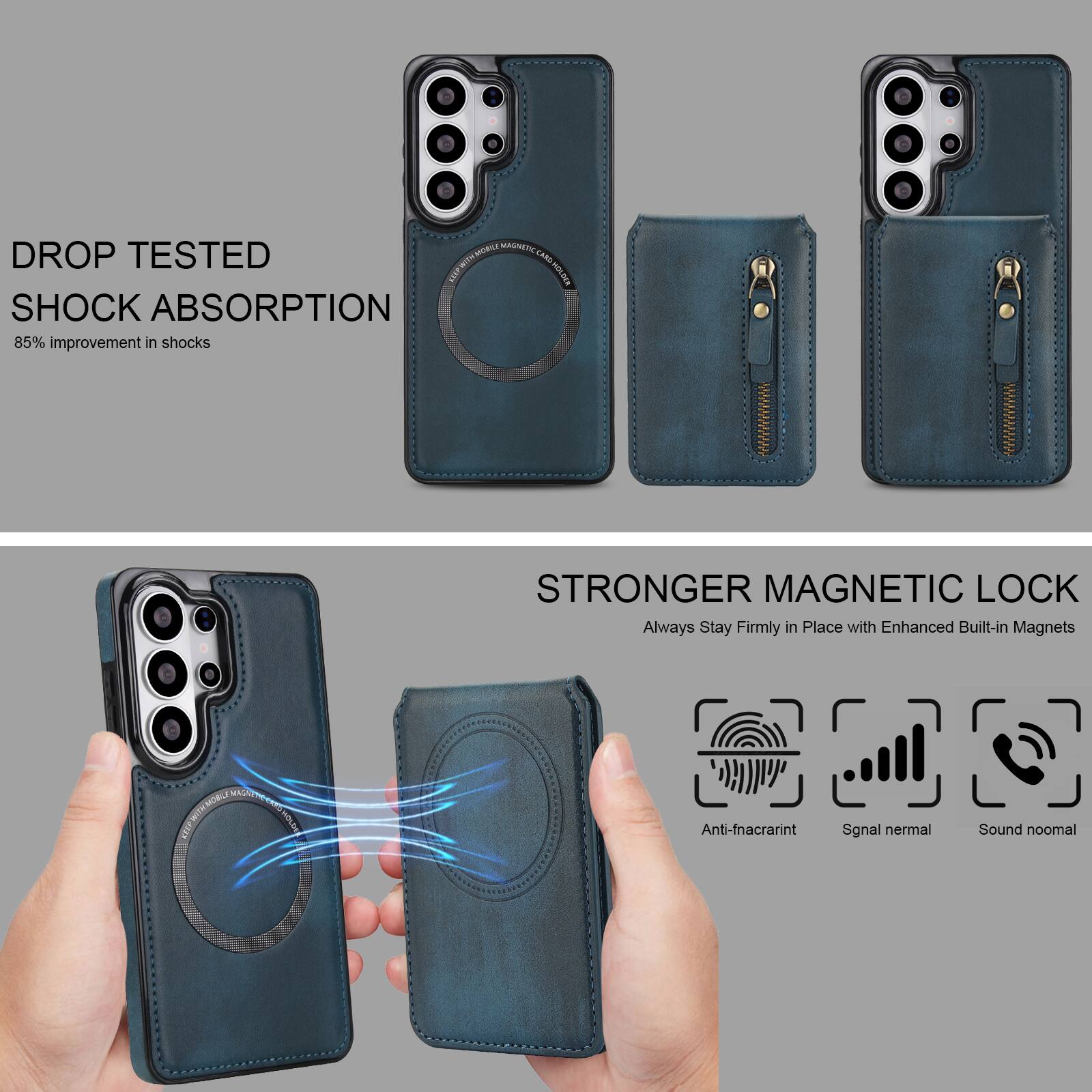 MOBILE MAGNETIC DROP TESTED  
SHOCK ABSORPTION  
85% improvement in shocks  

STRONGER MAGNETIC LOCK  
Always Stay Firmly in Place with Enhanced Built-in Magnets  

Anti-fingerprint  
Signal normal  
Sound normal