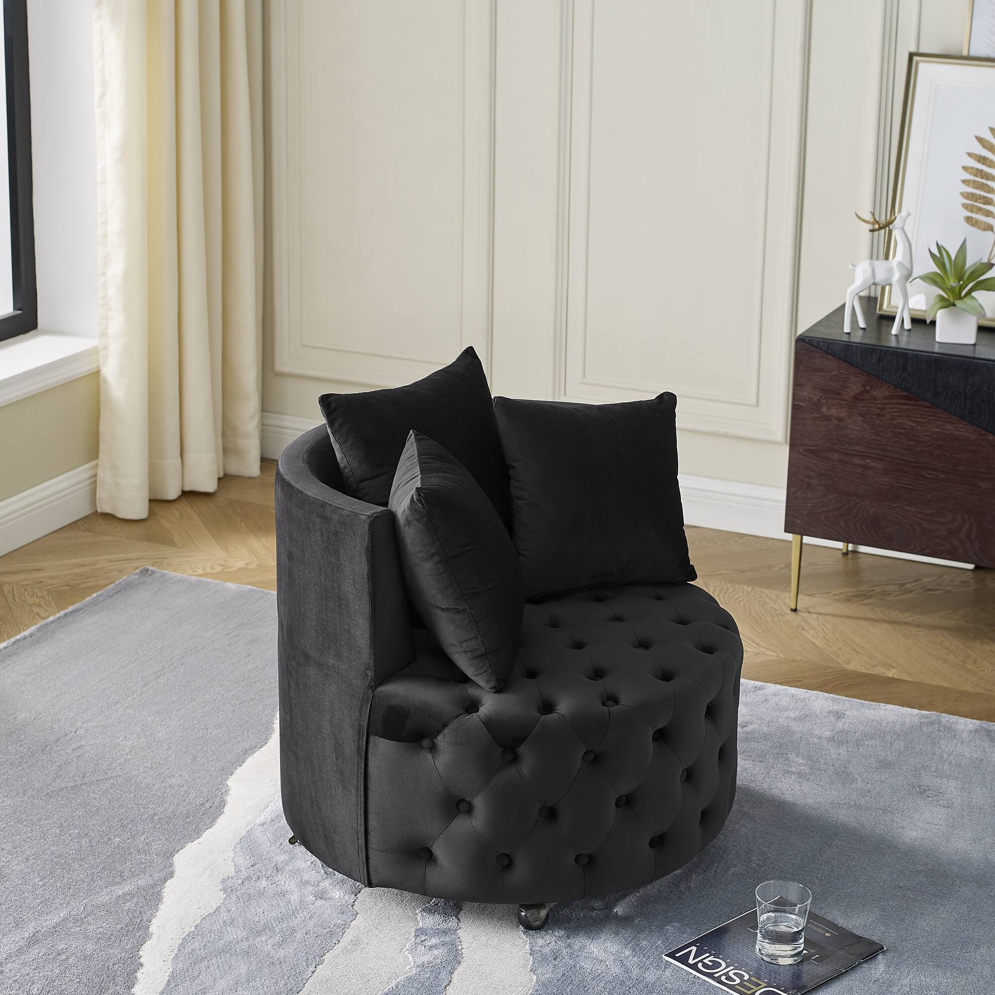 Left. Trinkets Crazed - Velvet Upholstered Swivel Chair for Living Room, with Button Tufted Design and Movable Wheels, Including 3 Pillows - Black.